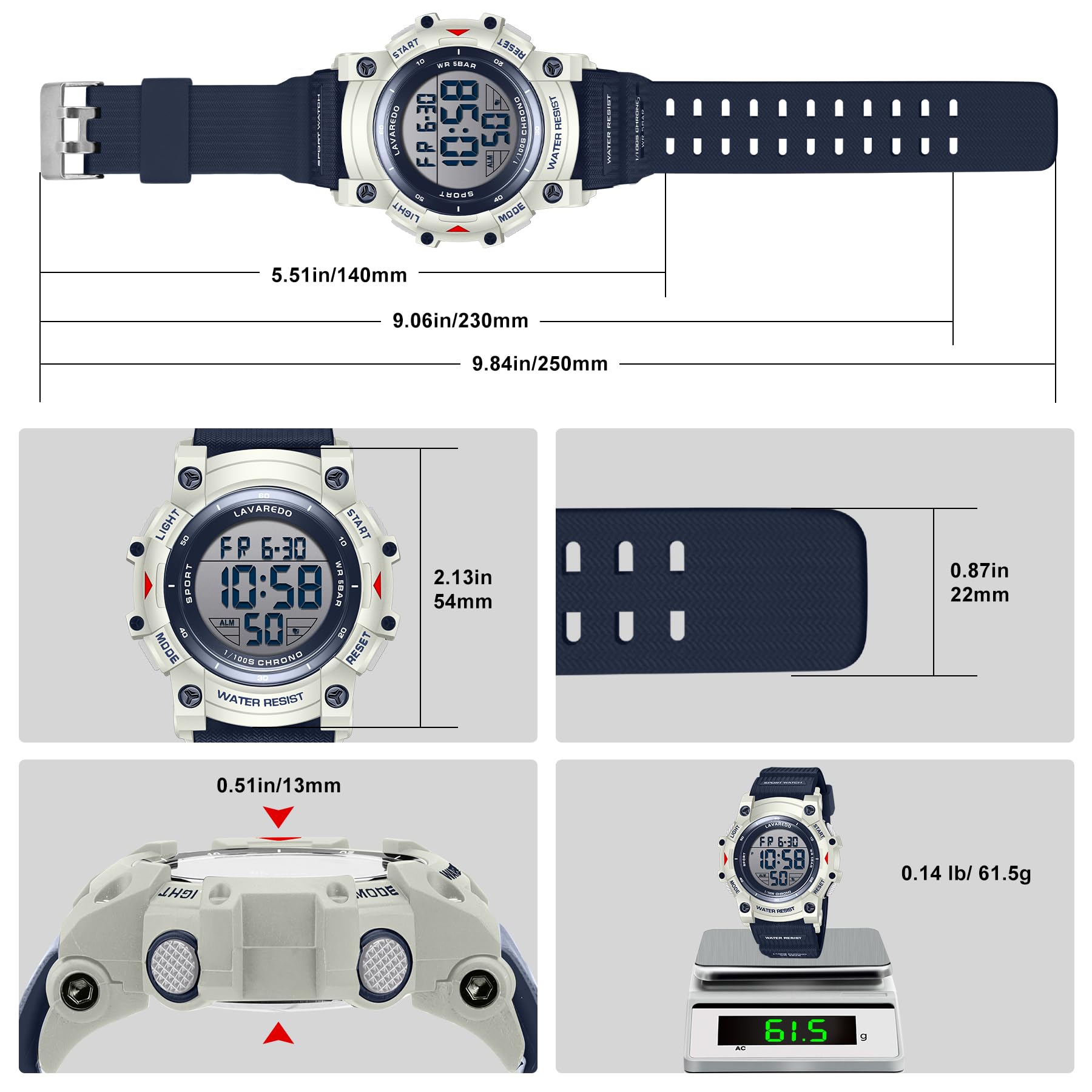 Reloj digital para hombre, deportivo, resistente al agua, para hombre, con retroiluminación LED, alarma, cronómetro, cronómetro, cronógrafo digital, fecha militar, Azul marino 3