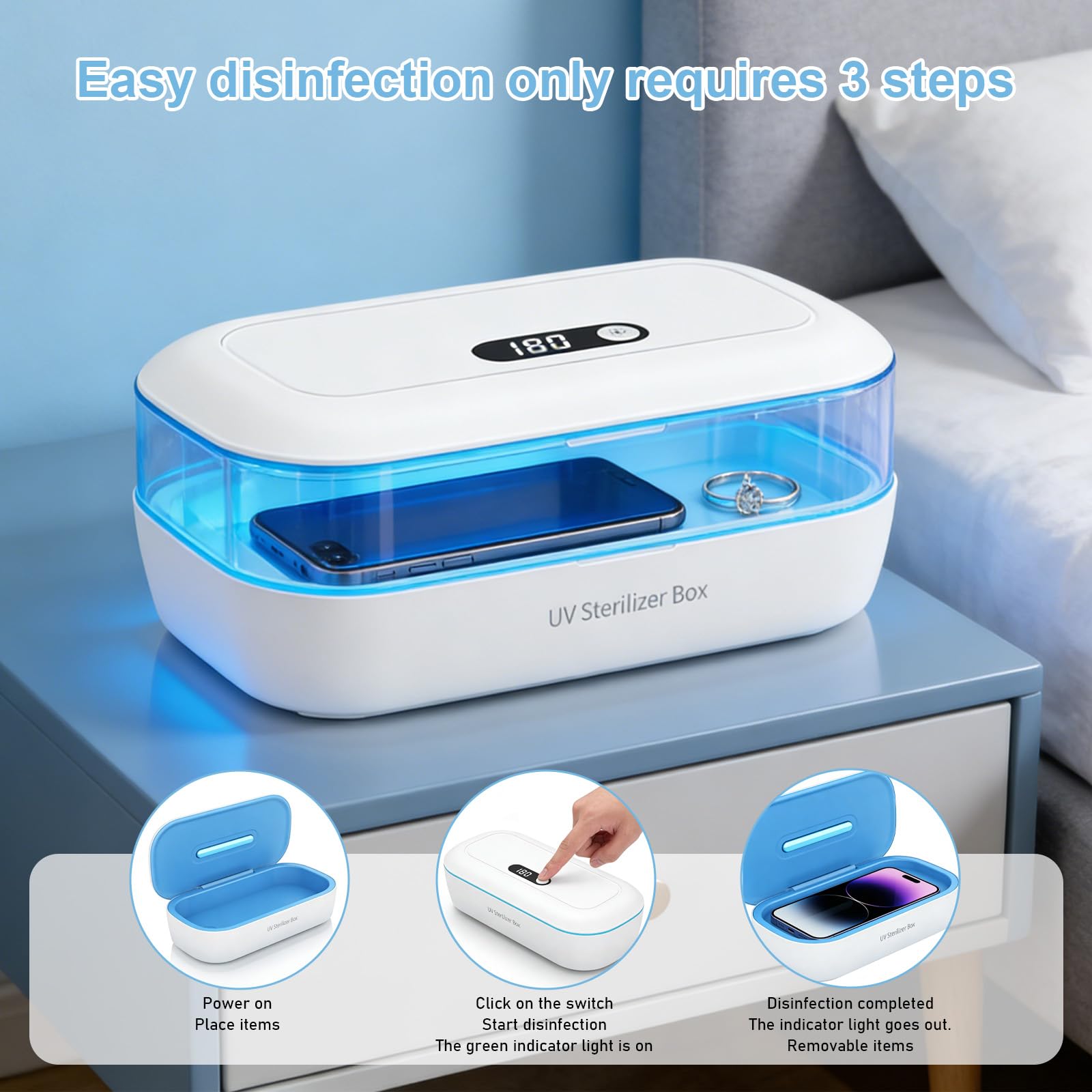 Tragbare Doppelschichtige UV Lampe Sterilisator, Professionelle UV Nagel Tool Sterilisator Box, LED Desinfektion Gerät Desinfektionsgerät, Desinfektionsbox für Maniküre Werkzeuge und Nagelsalons,weiß