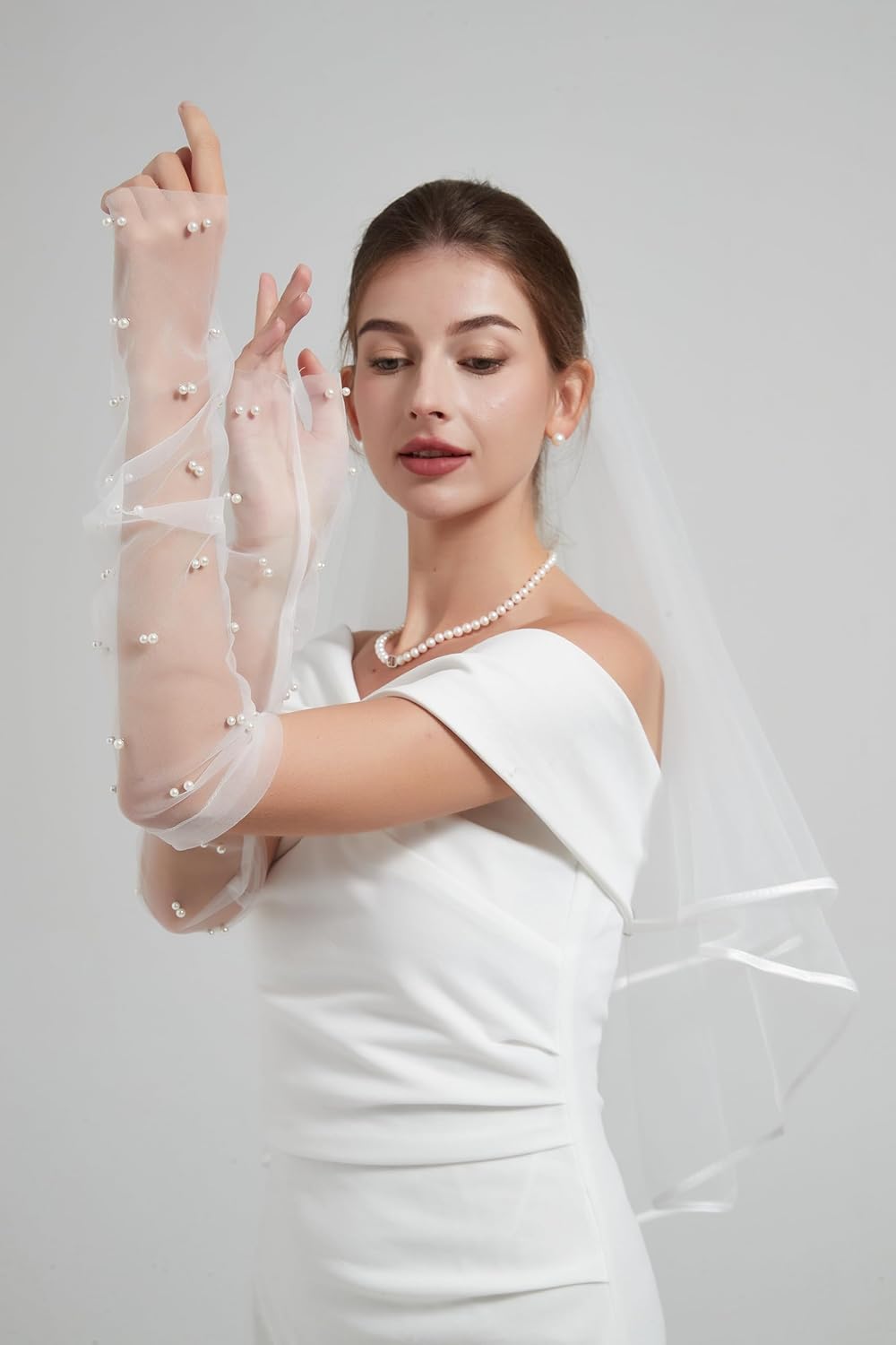 White Lace Sheer Gloves,Bridal Accessories with Pearls for Wedding, Fingerless Gloves, Long Elbow Wedding Armwear for Tea Opera Party and Hallowmas Costume - Image 4