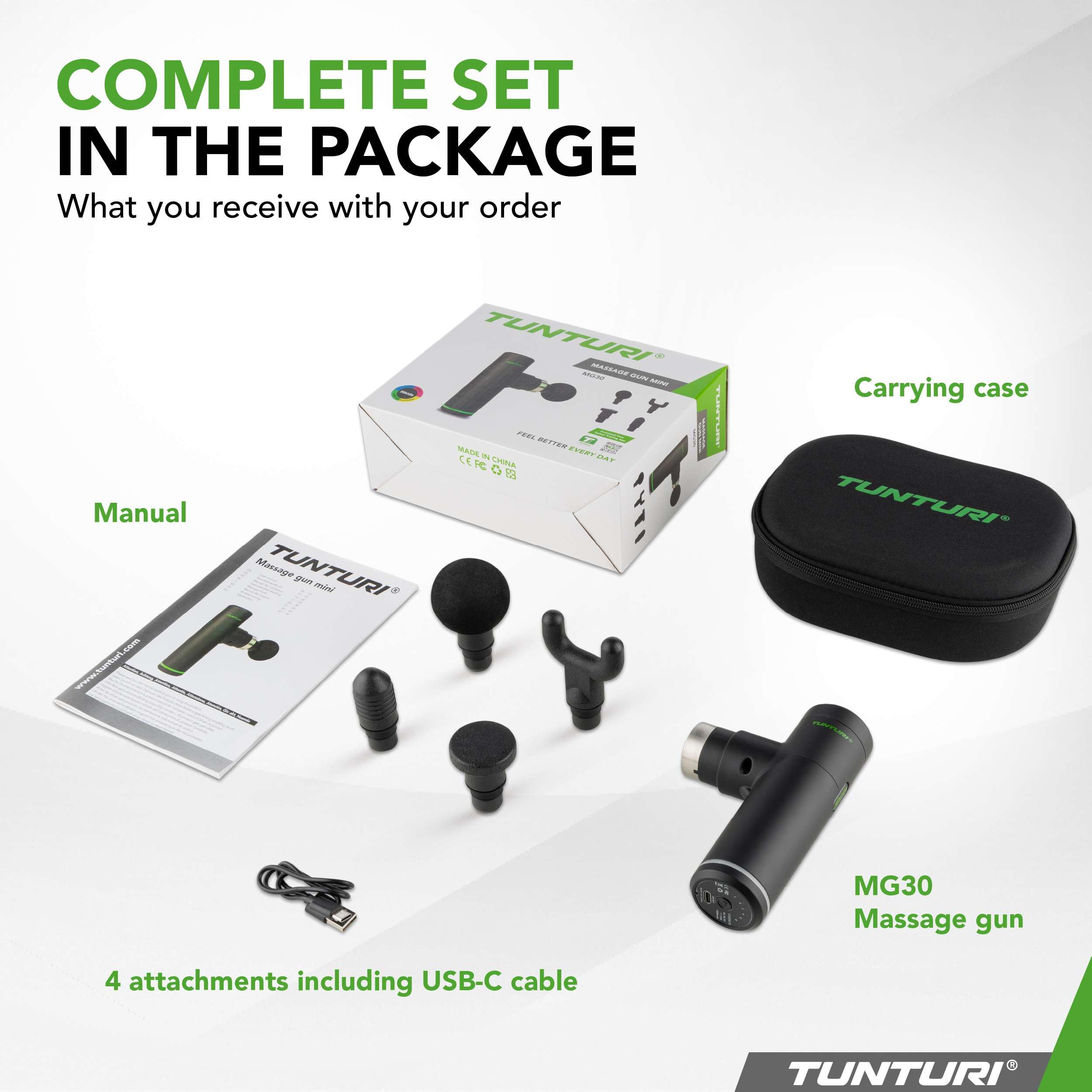 Tunturi Massage Gun Mini - Appareil de massage - Pistolet de massage - Rechargeable - 4 accessoires et étui inclus
