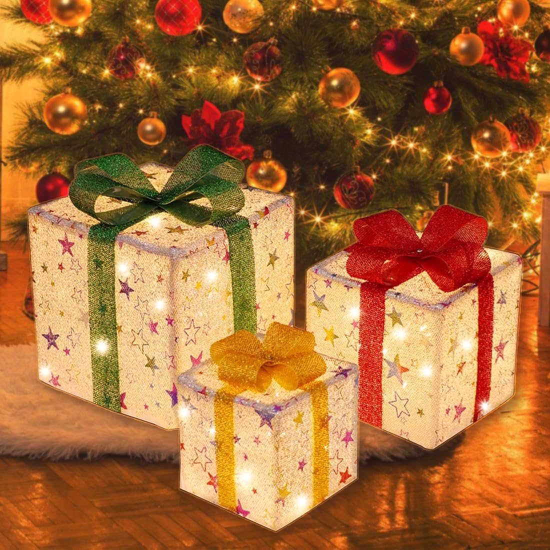 Christmas Lighted Gift Boxes,75 LEDs Pre-lit Light up Xmas Present Boxes Battery Operated Christmas Decorations Front Porch,Outdoor Christmas Lawn Decorations Yard Stars