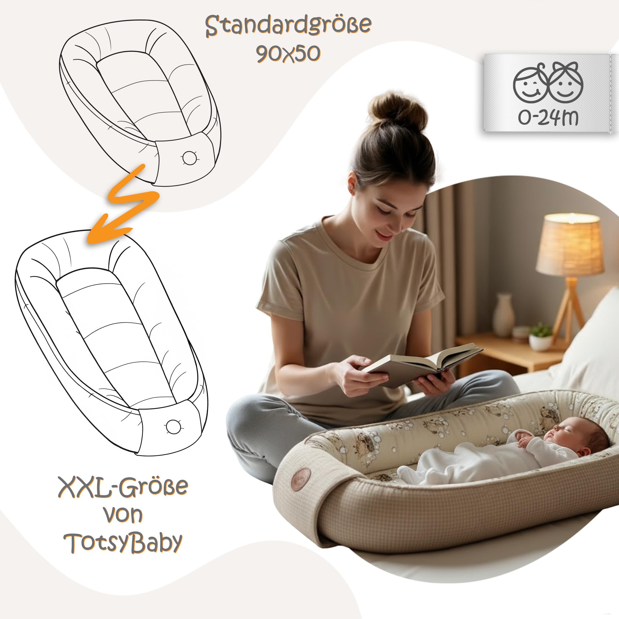 Kokon XL z zakładką i naszywką Totsy Baby Żyrafy + beżowy Wafel 65X120