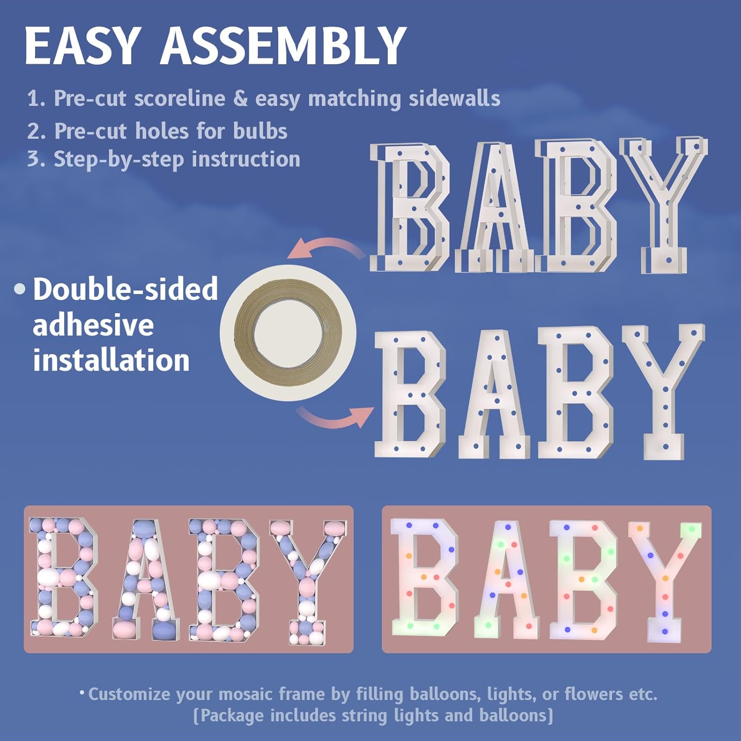 Marquee Light Up Letters with String Lights and Balloons, Large PRECUT