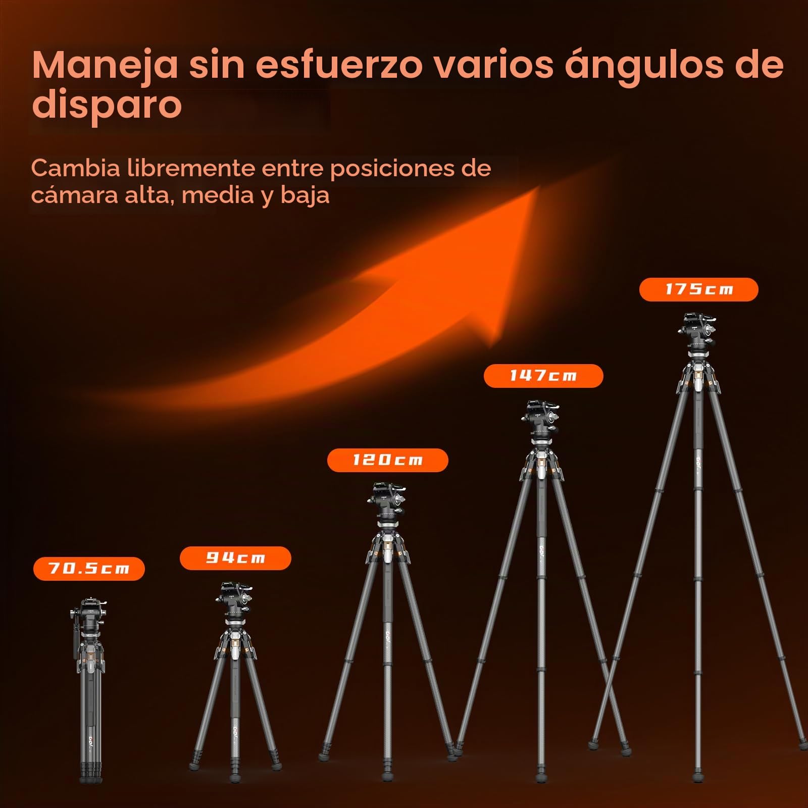 COMAN Trípode Fibra Carbono de Liberación Rápida, Trípode Cámara de 175cm, Patas Cuatro Secciones, ángulo Ajustable Tres Niveles, Equipado con Cabezal Hidráulico V5, Capacidad de Carga Máxima 20kg