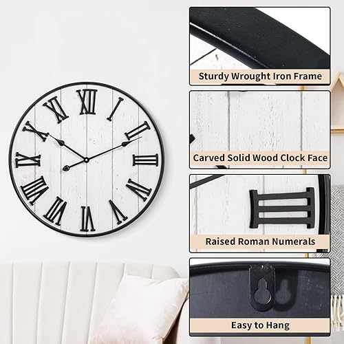 Miniatura 5 de MODE HOME Reloj de pared grande de madera rústica, de 24 pulgadas, con números romanos tallados, reloj redondo vintage silencioso a pilas para sala