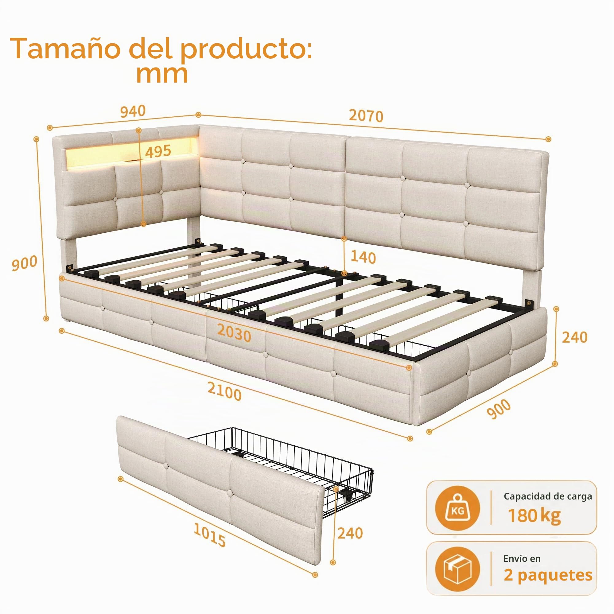 BRILVERDE Cama con almacenamiento de 90 x 200 cm con cajones, cama acolchada con luz LED/USB, sofá cama con cabecero contenedor, somier de láminas, lino (beige, 90 x 200 cm)