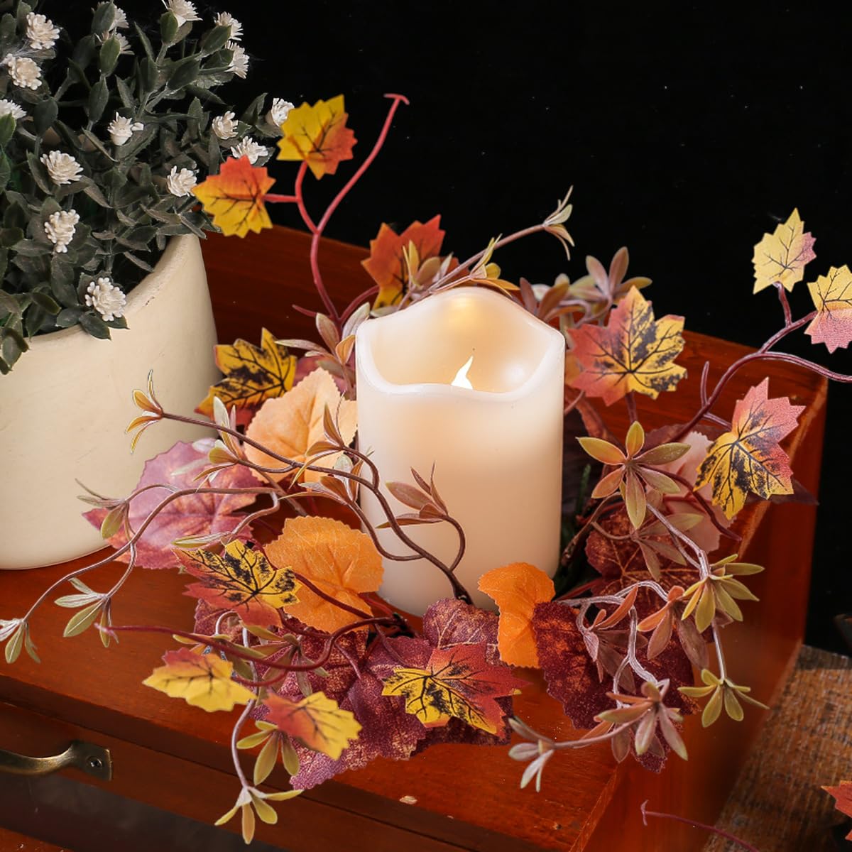 Fall Maple Leaf Candle Wreath Candlestick Decoration Artificial Rings Harvest Autumn Festival Home Garland Maple Halloween Party Table Decor