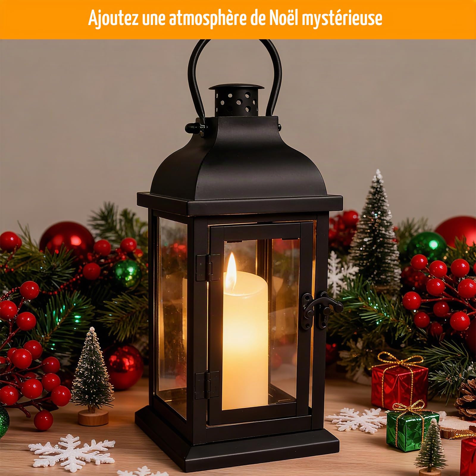 Lanterne Bougie Exterieur Noire, 27cm Métal Lanternes Outdoor Funeraire pour Cimetière, Lanterne Résistante aux Intempéries, avec Vitre et Poignée, Décoration de Jardin, Lumière à Vent Intérieur