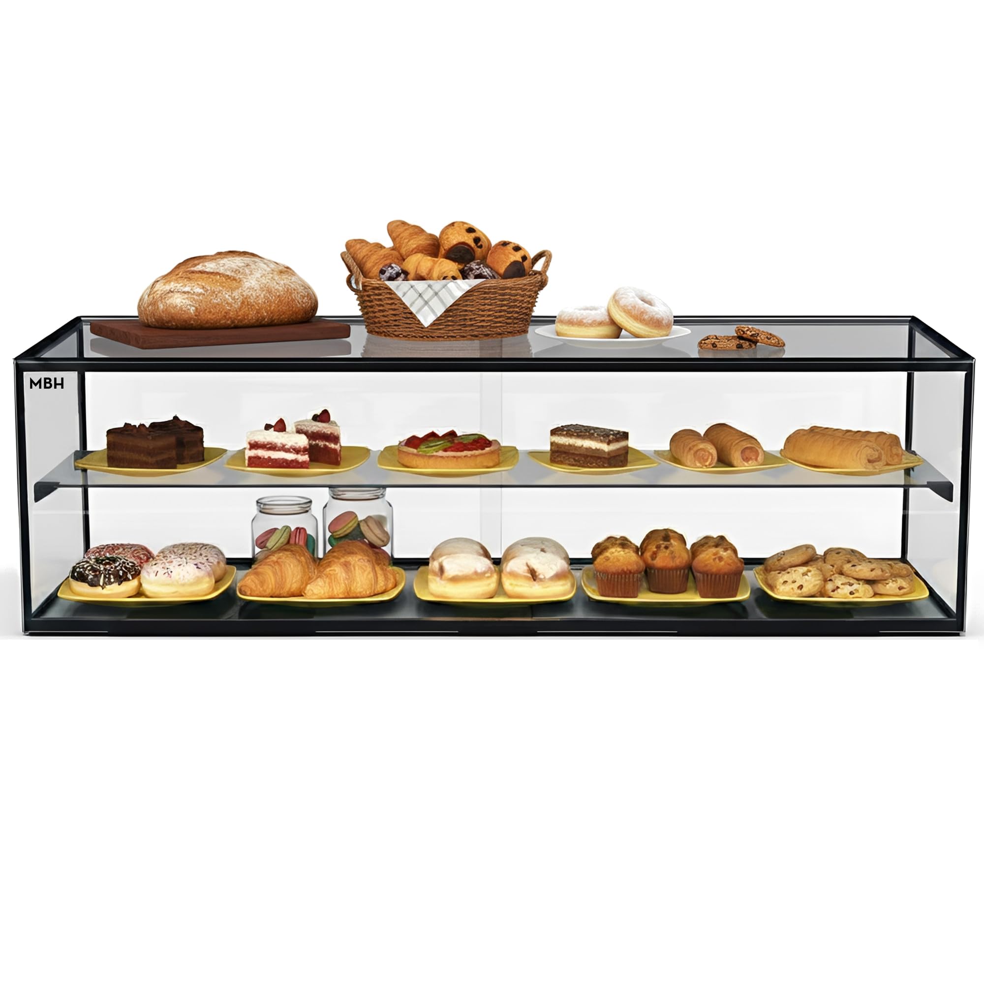 MBH - Vitrina Expositora Neutra de Sobremostrador 120x39 cm, Cristal Recto Templado, 2 Pisos, sin Iluminación LED, Puertas Traseras Correderas, para Bar, Cafetería, Restaurante, Bollería y Repostería.