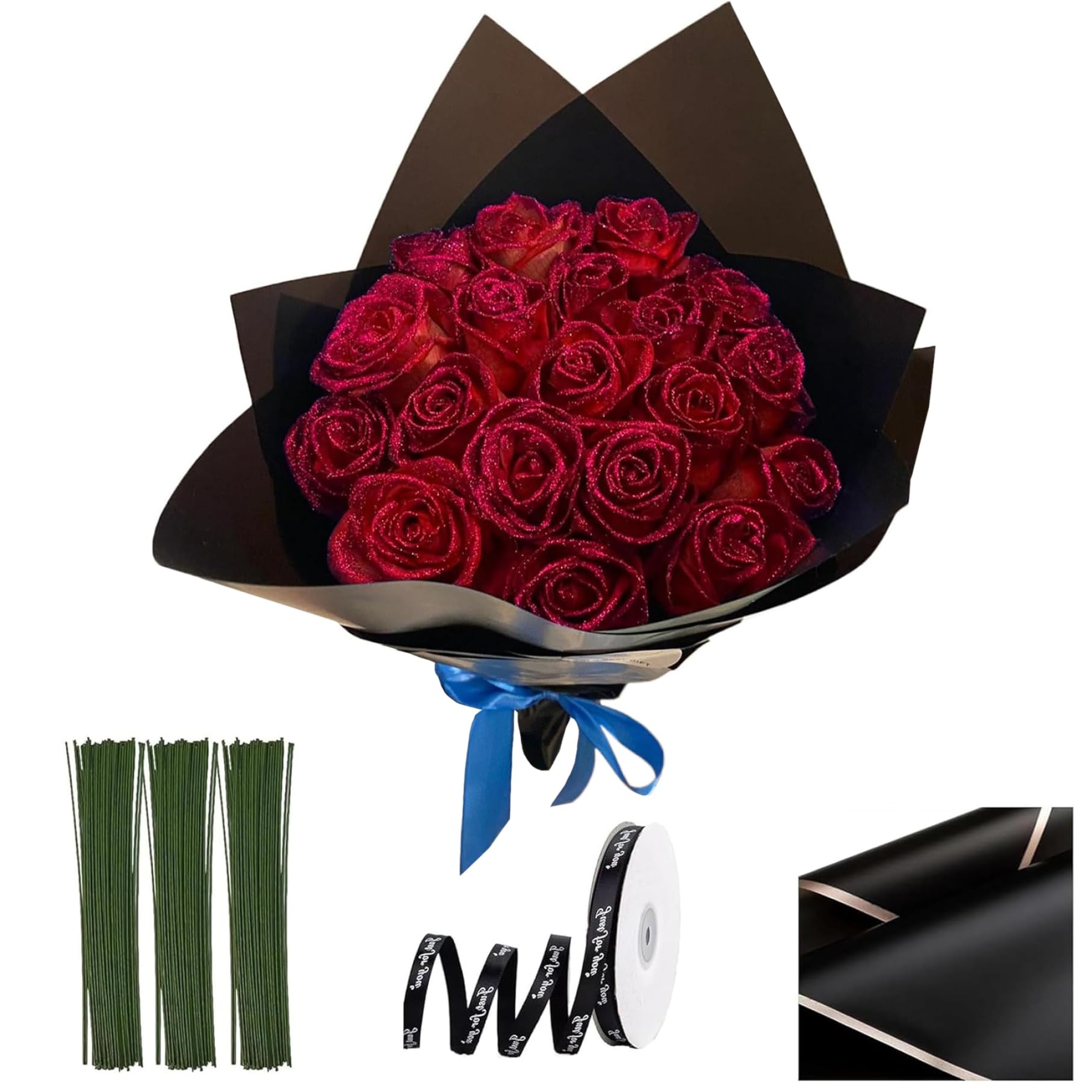 Bouquet de roses scintillantes 9,5 pouces fausses roses bricolage avec tige, rubans d'emballage et papier d'emballage