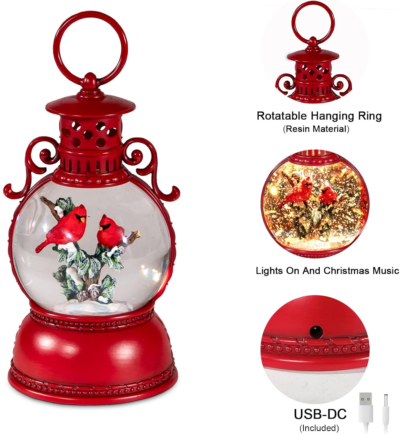 Christmas Snow Globes, Cardinal Christmas Water Globes with 8 Songs, 6H Timer Battery & USB Powered Glitter Snow Globe Music Box Suitable for Christmas Home Decorations Holiday Party Gifts - Image 2