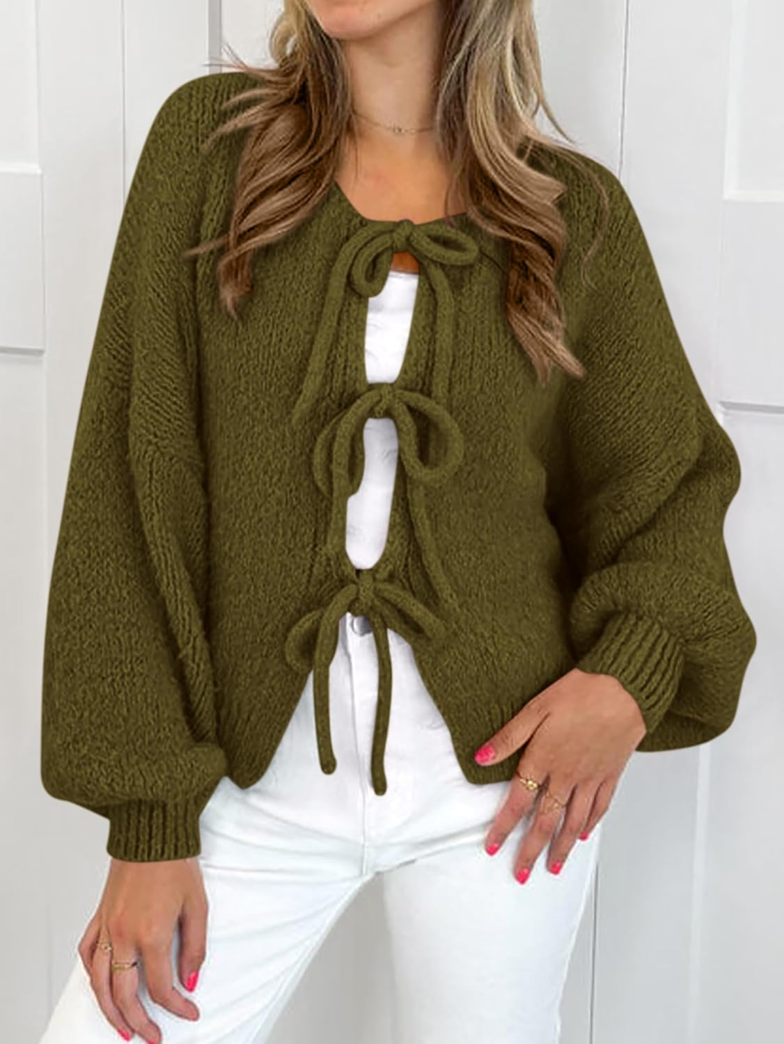 MASCOMODA 2025 Bow Tie Front Cardigan Sweaters for Women Fall Winter Oversized Long Sleeve Open Front Chunky Sweater Coats - Image 4