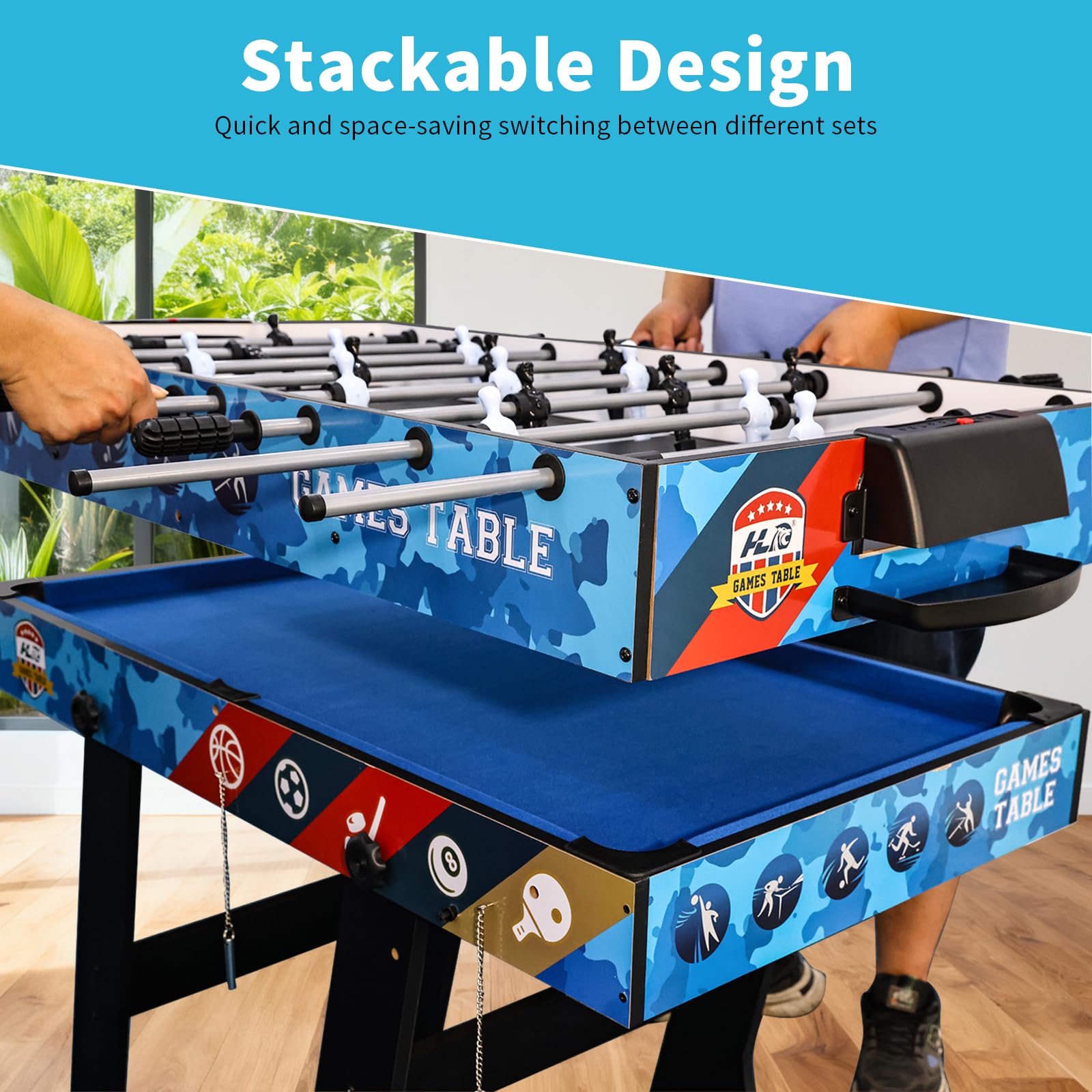 HLC 5 in 1 Multifunktionstisch Spieltisch Billiardtisch Tischkicker Fußballtisch Tischtennis Air Hockey Basketballspiel klappbar für Kinder