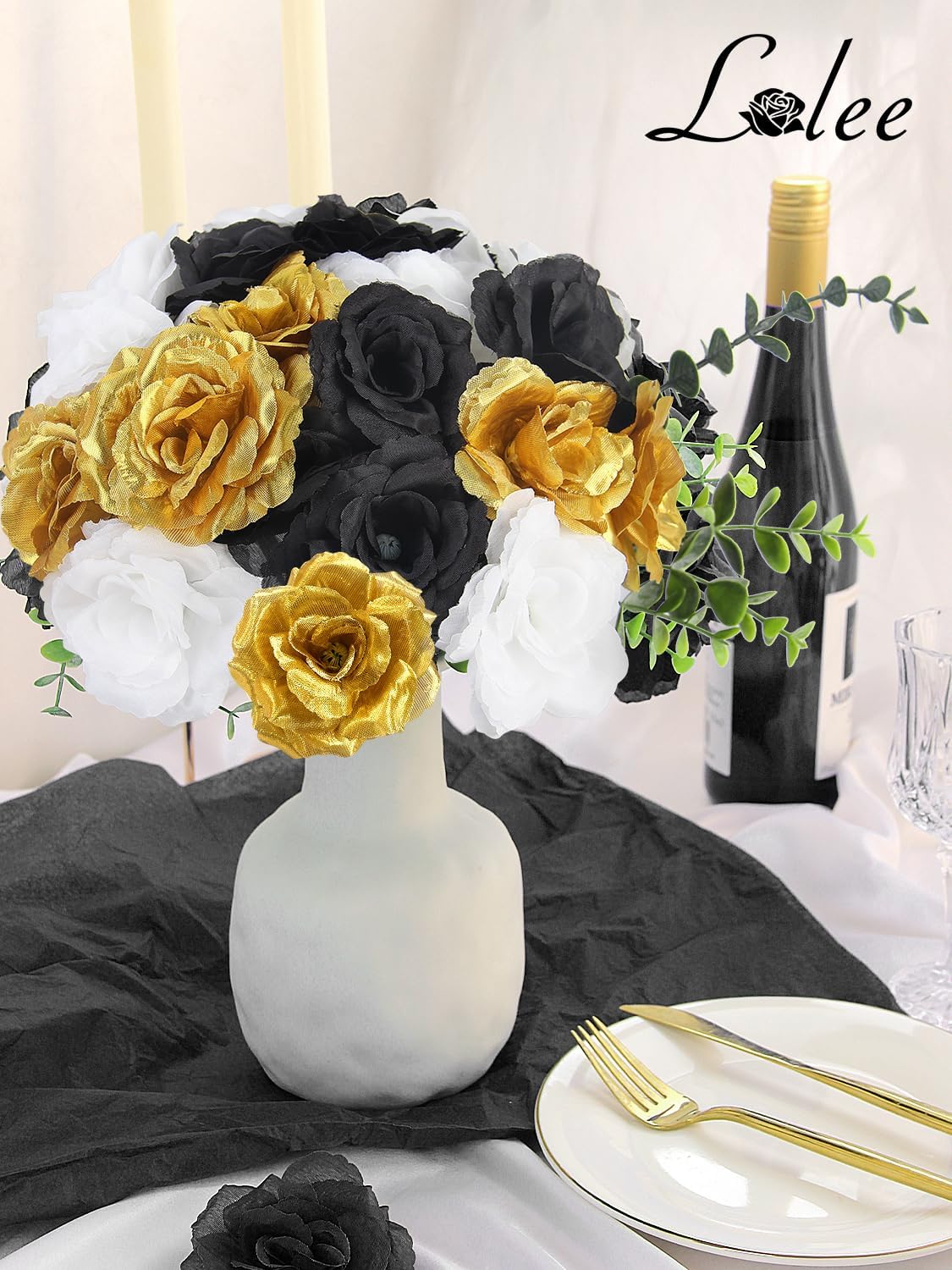 108pcs Roses Head Flowers with Stem - Black Gold White Graduation Artificial Flowers Rose Bulk - Silk Rose Fake Flower for Birthday Wedding Baby Shower Centerpieces Gold Theme Grad Party Tables Decor