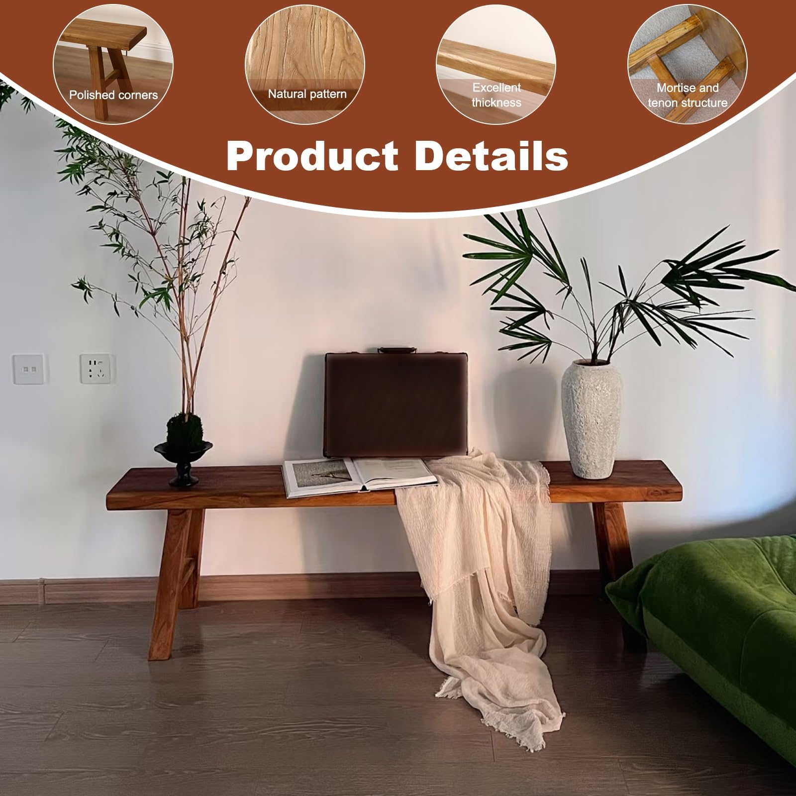 Banco de entrada de cocina de madera natural asiática, Banco de comedor de madera para entrada de estilo rústico, fácil de montar para dormitorio, mesa de comedor, sala de estar, pasillo(50*25*45cm)
