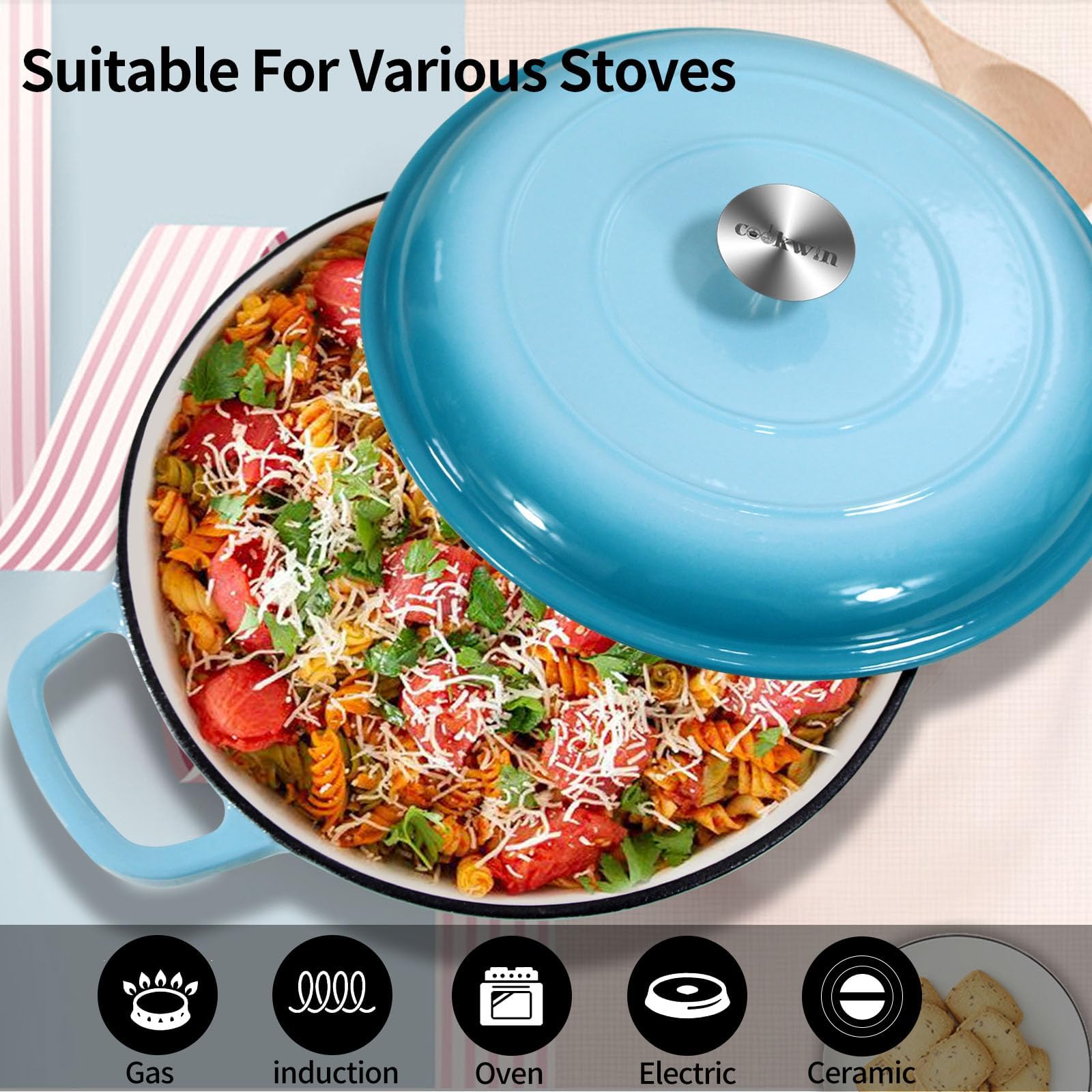 COOKWIN Cocotte en fonte, 3,8 l, cocotte robuste avec couvercle et deux poignées, surface émaillée en porcelaine bleu-vert