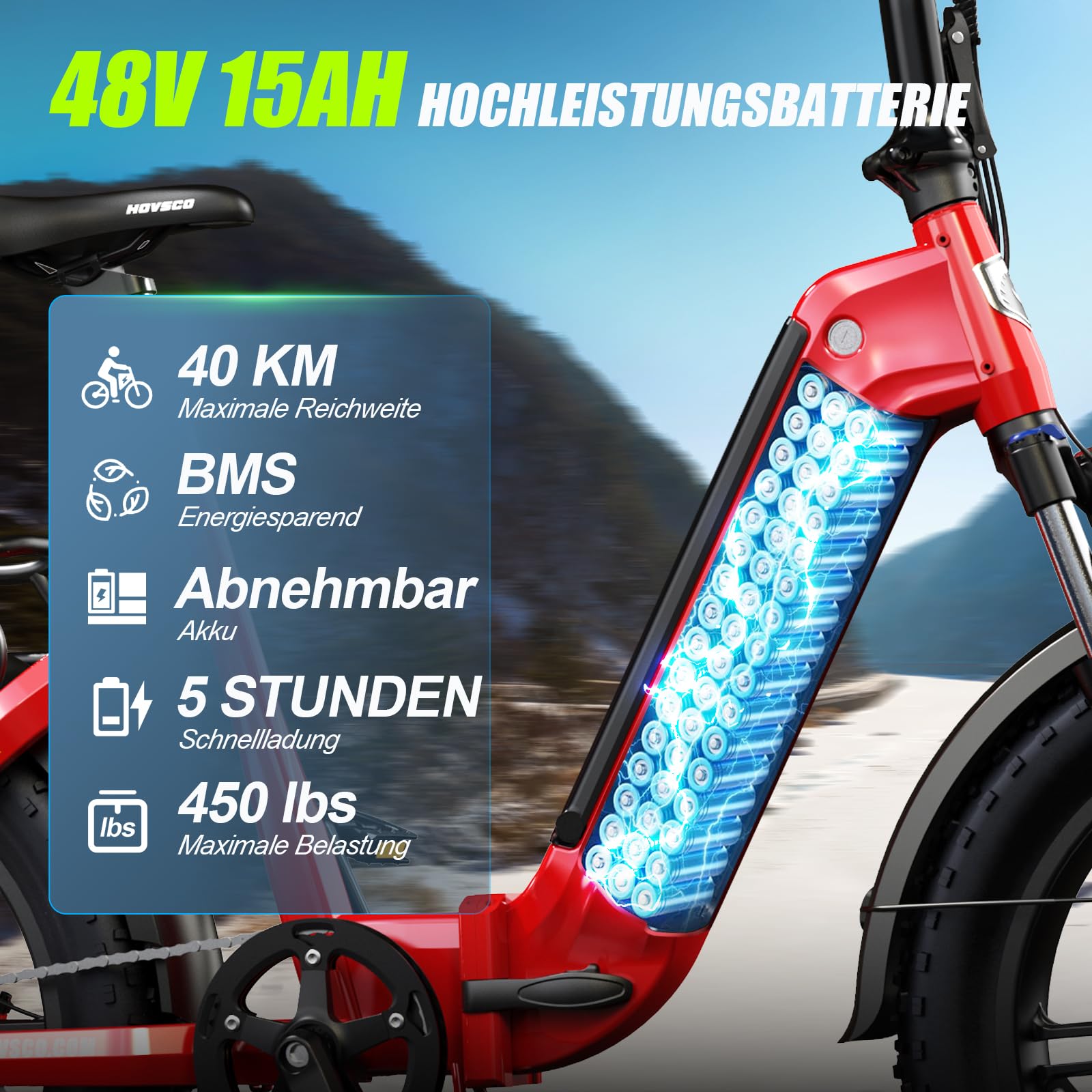 HOVSCO Faltbares E Bike für Erwachsene mit App-Steuerung & Federung, Elektro Fahrrad 48V/15AH Akku 250W faltbar Fatbike 20"×4.0" Reifen, Alu-Durchstieg-Rahmen, bis 204kg
