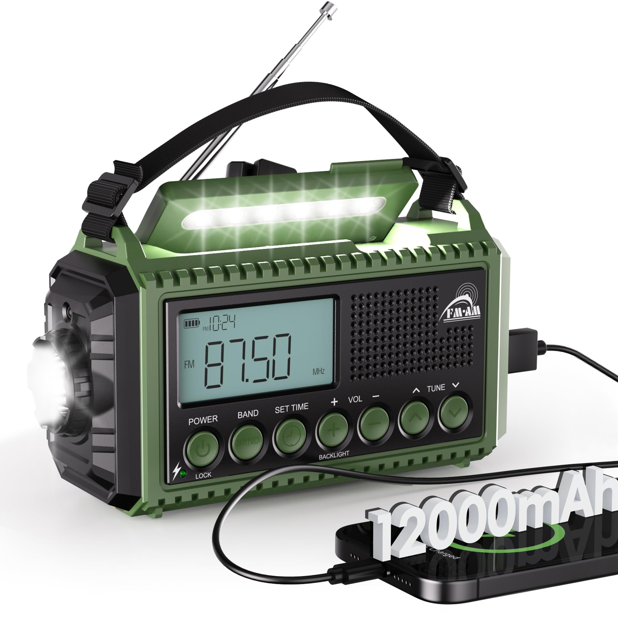 Radio à Manivelle AM/FM/SW 12000mAh, Portable Camping avec Lampe de Poche, Radio d'Urgence Type C SOS Dynamo