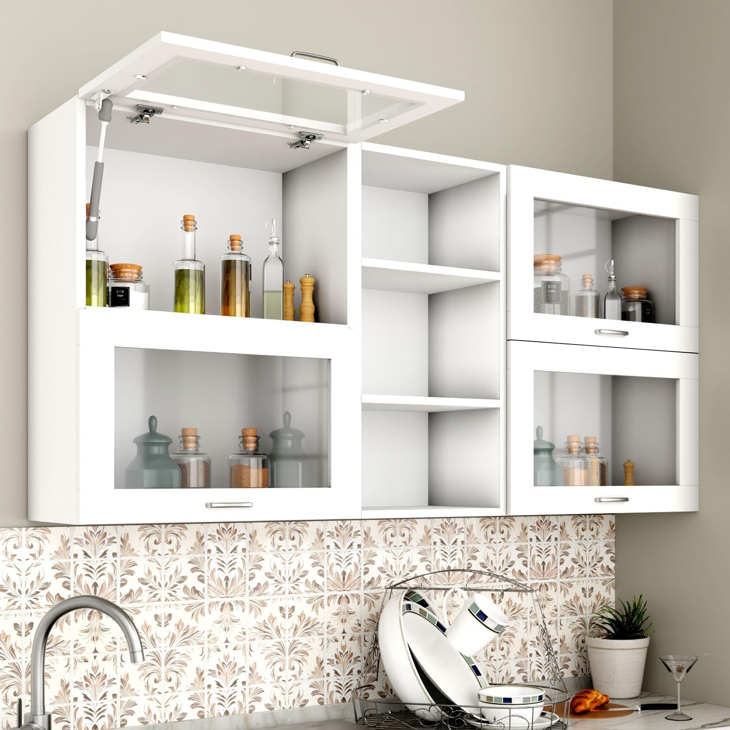 VIKI Furniture | Modular Kitchen Wall Cabinet – 4 Gas Spring Door Cabinet with Open Shelf |Space Saving Rack for Spices|DIY Home Storage Cupboard (Frosty White – 30D x200W x80H cm)| 1 Year Warranty-image-22