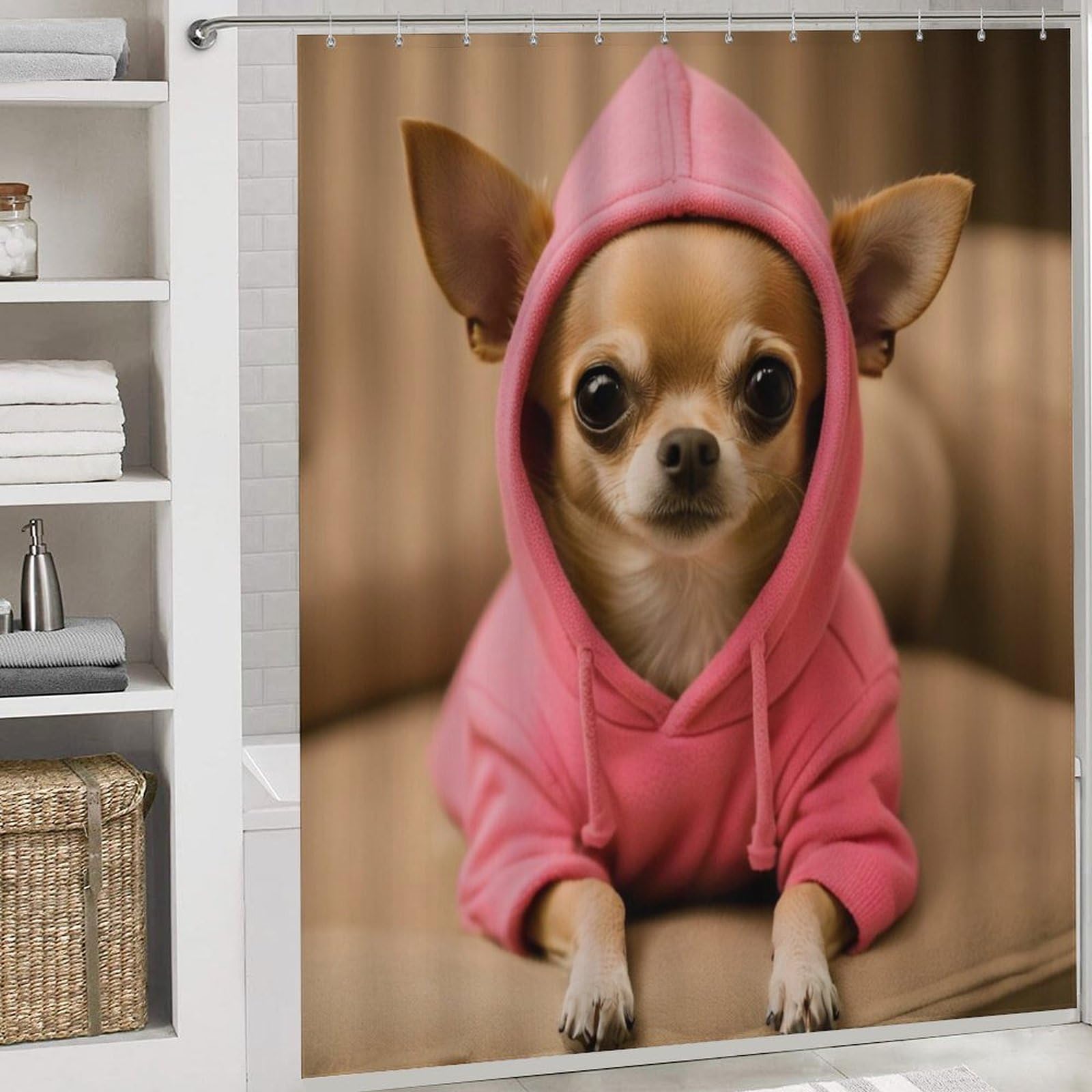 Ensemble de 4 Rideaux de Douche et Tapis de Bain Motif Chiot Chihuahua, hydrofuges et absorbants.