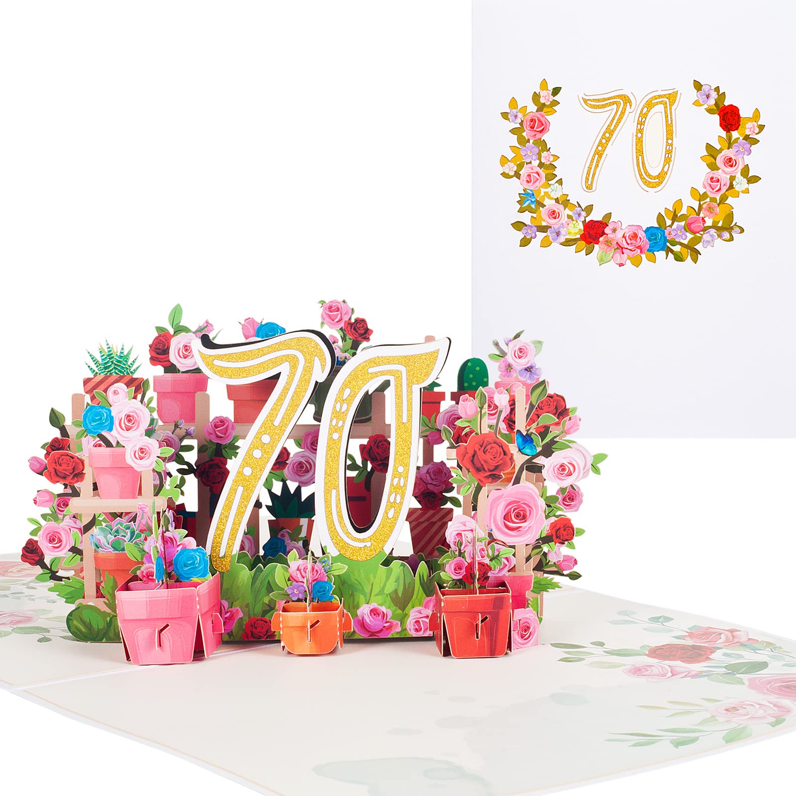 70th Birthday Card,Pop Up Card for Age of Year Birthday Party,3D Flowers Birthday Cards,Happy Birthday Greeting Cards,Anniversary Card,Folding Card,with Message Card and Envelope