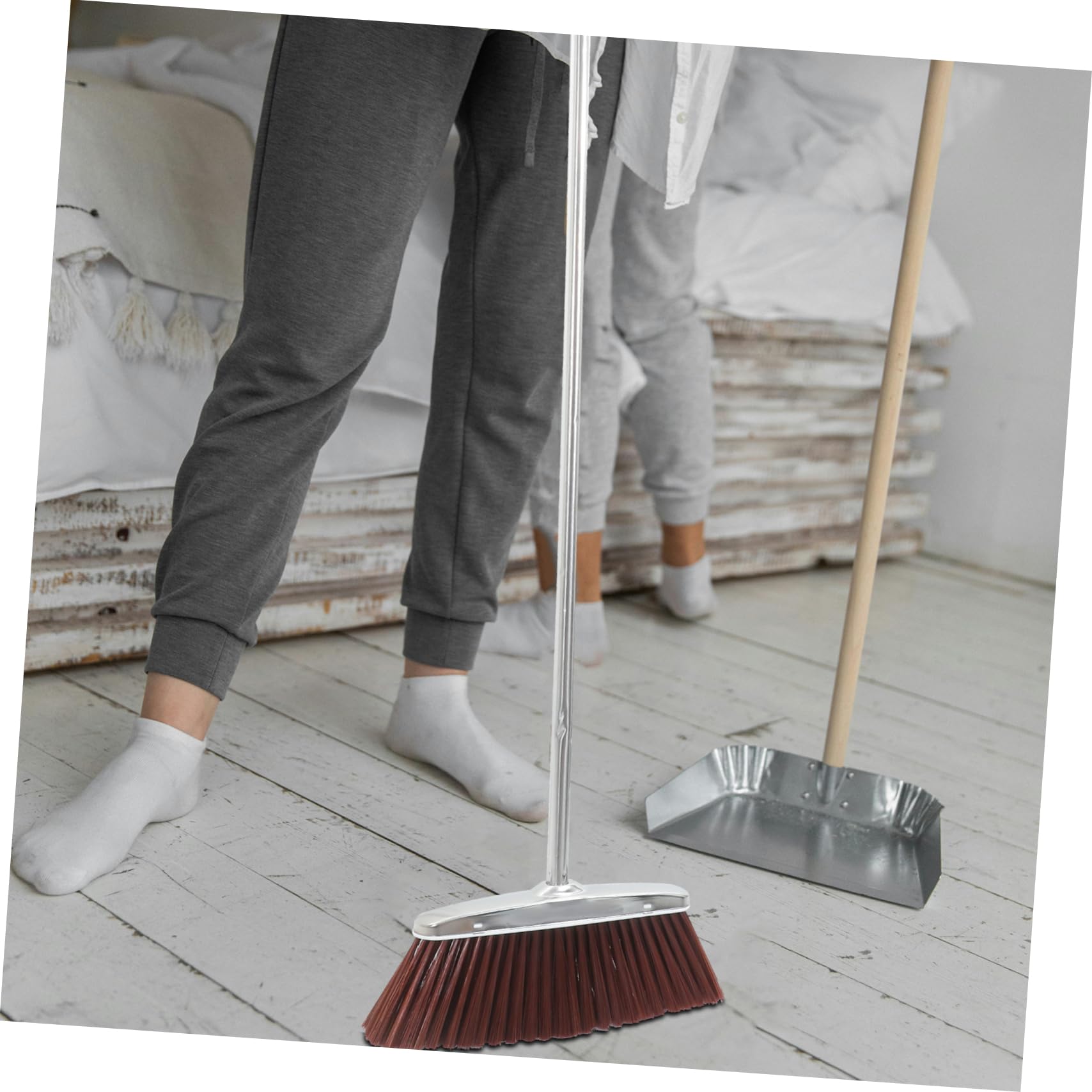 Levemolo Long Handle Broom Family Clean Stainless Steel Broom Thick Bristles for Indoor Sweeping Random Style