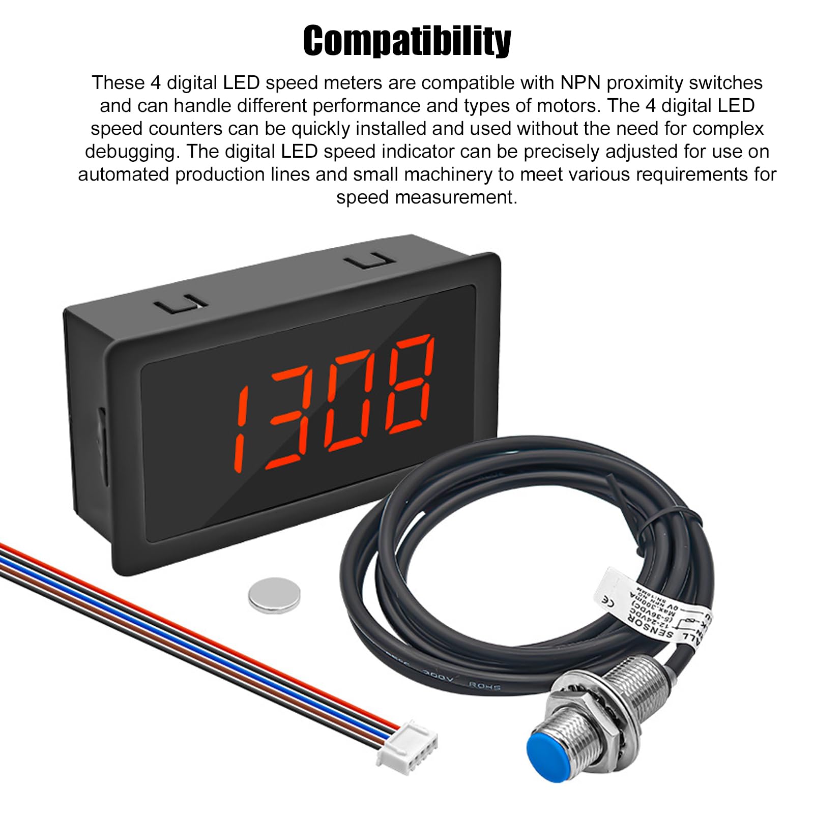 Tachymètre numérique à LED GOEDCH à 4 chiffres avec capteur de proximité à effet Hall NPN : CC 8-24 V, 40 mA. Tachymètre/compteur de vitesse à 4 LED numériques, plage de 10 à 9 999 tr/min