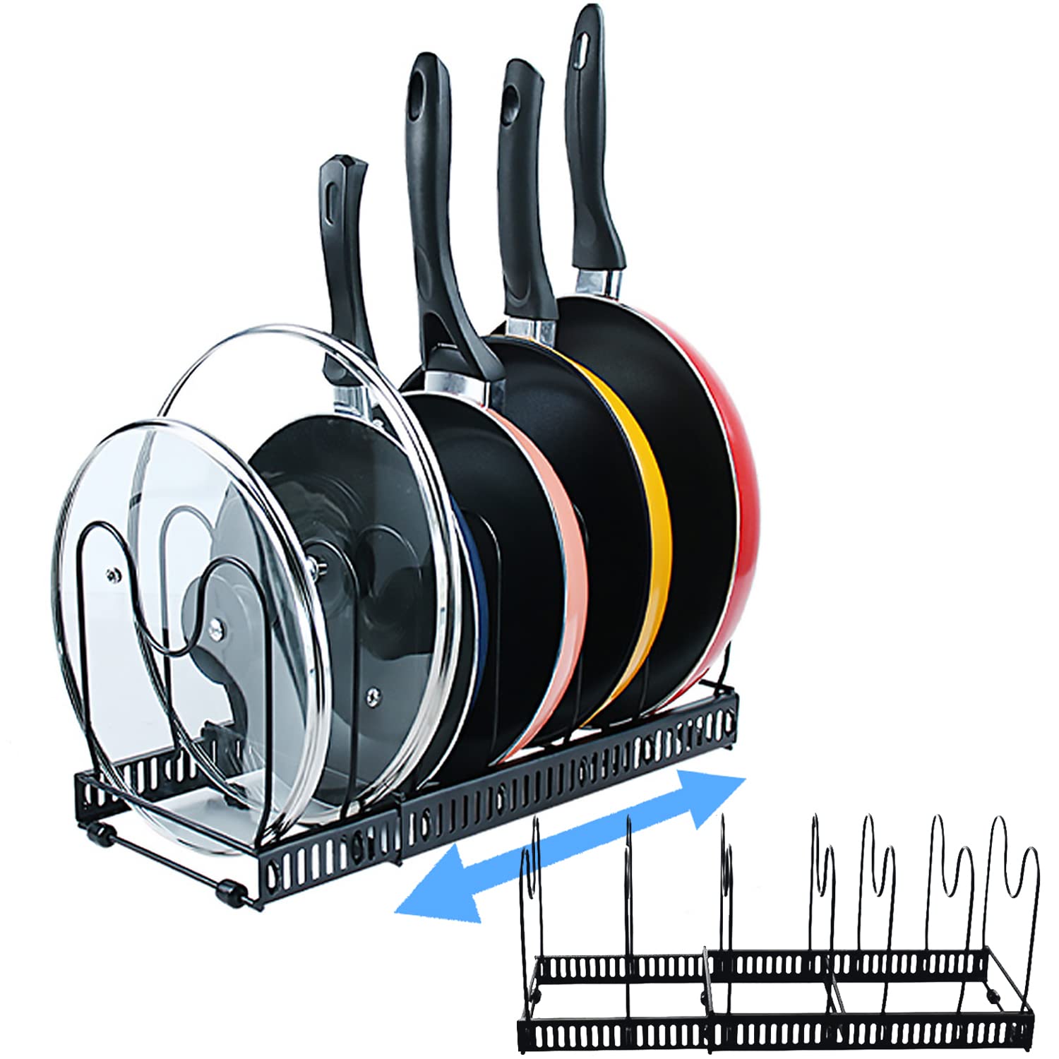 KLEVERISE 10 Dividers Expandable Pot Pan Storage Rack Organizers – Heavy Duty Cast Iron Adjustable DIY Pot Pan Rack - Pot Pan Lid Holders - Space Saving Rack in Kitchen Counter and Cabinet