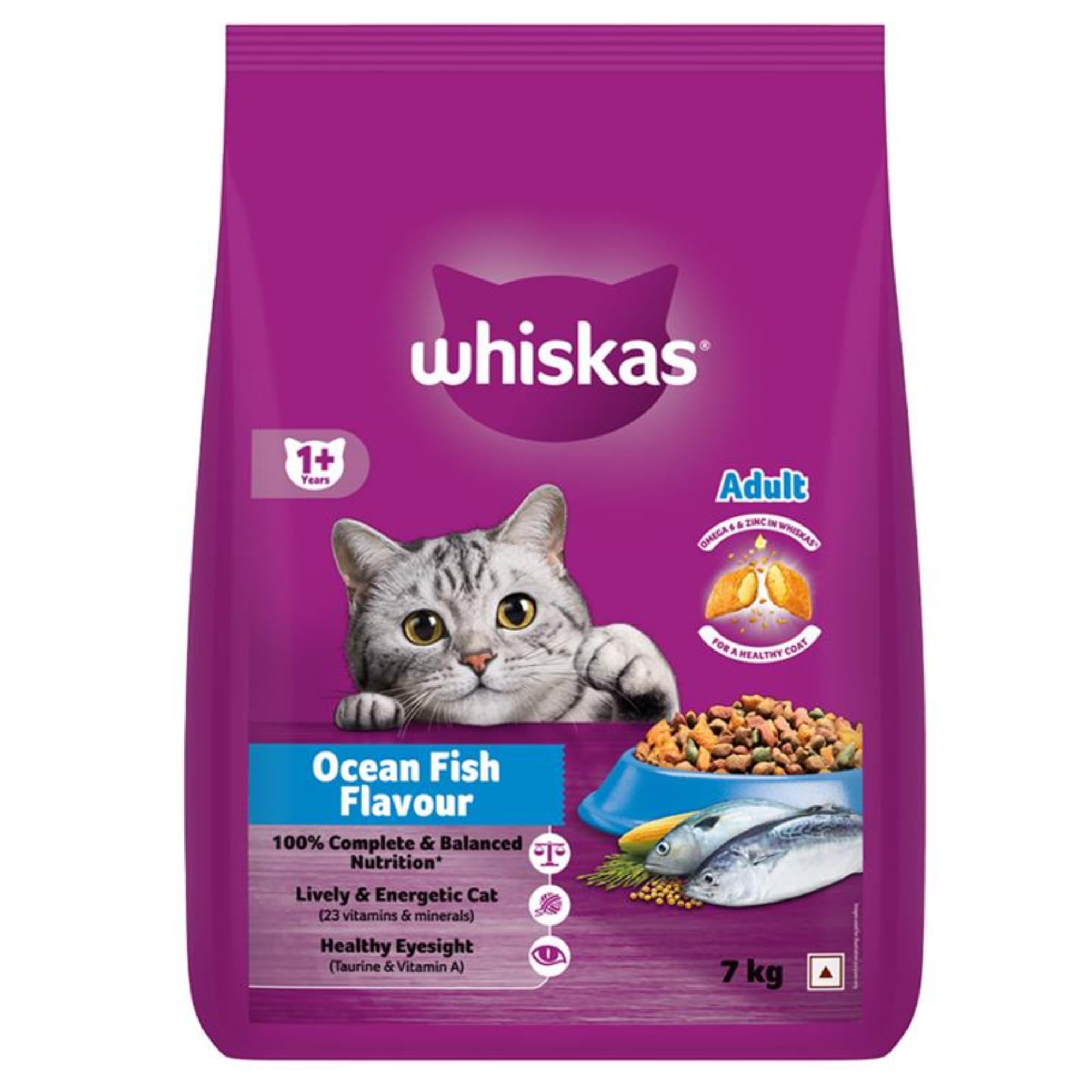 Whiskas Adult (1+ Years) Dry Cat Food, Ocean Fish Flavour, 7 kg, Contains 41 Essential Nutrients, Complete & Balanced Nutrition for Adult Cats