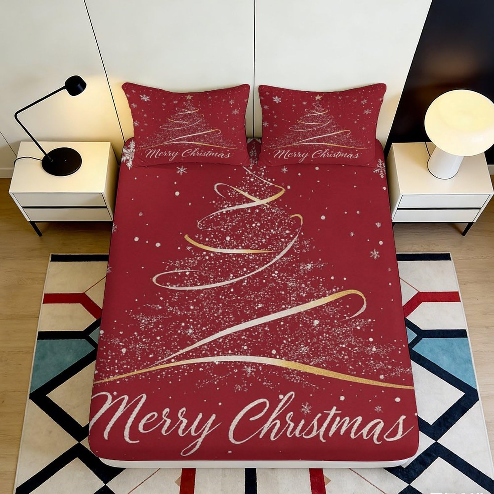 3D Printed Christmas Tree Fitted Sheet Microfiber Soft Breathable Merry Christmas Bed Cover for Bedroom Dormitory Guest Room Mattress Protection 120x200x25cm