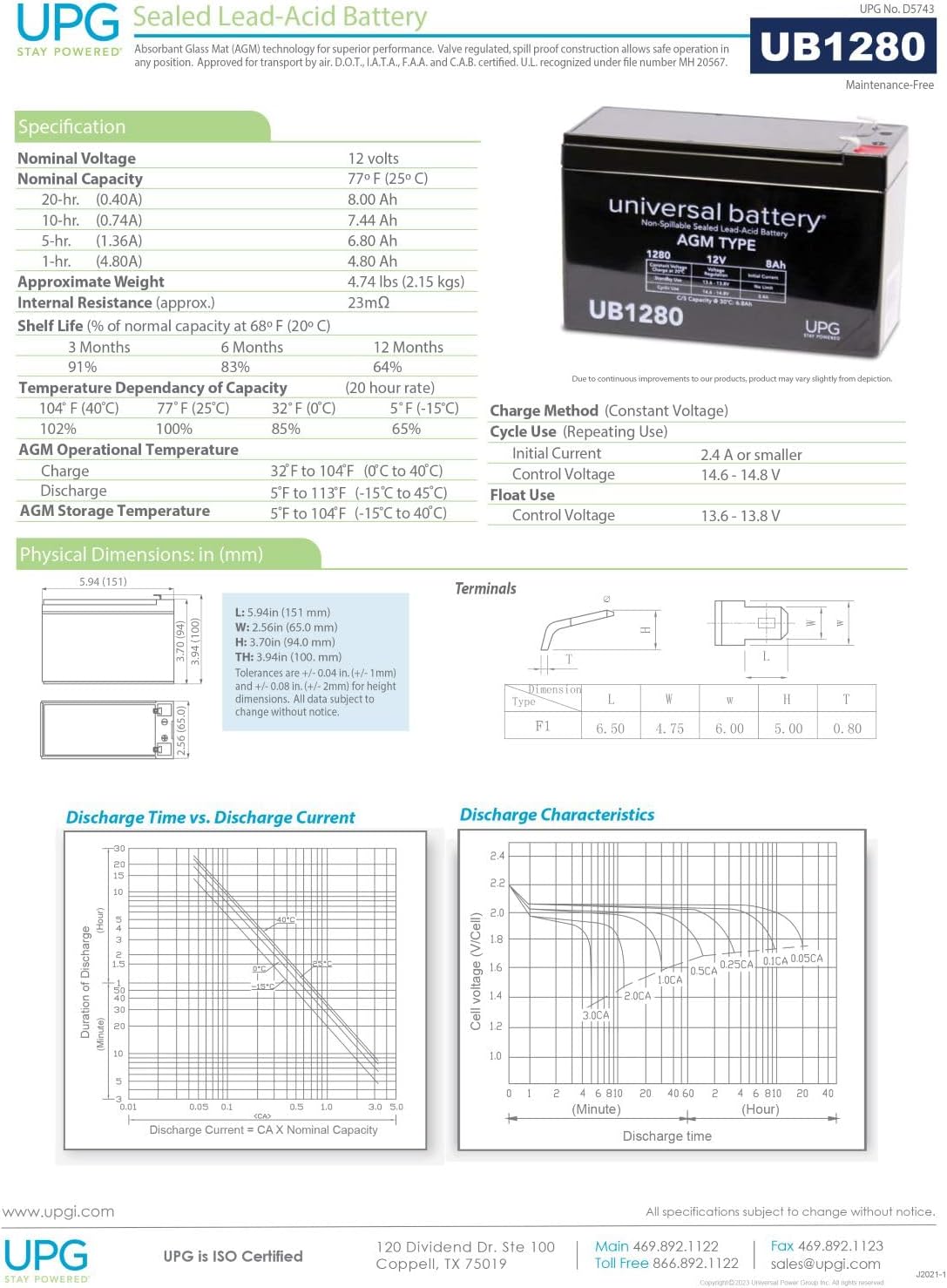 UPG DS743 Sealed Lead Acid Battery Specification Sheet