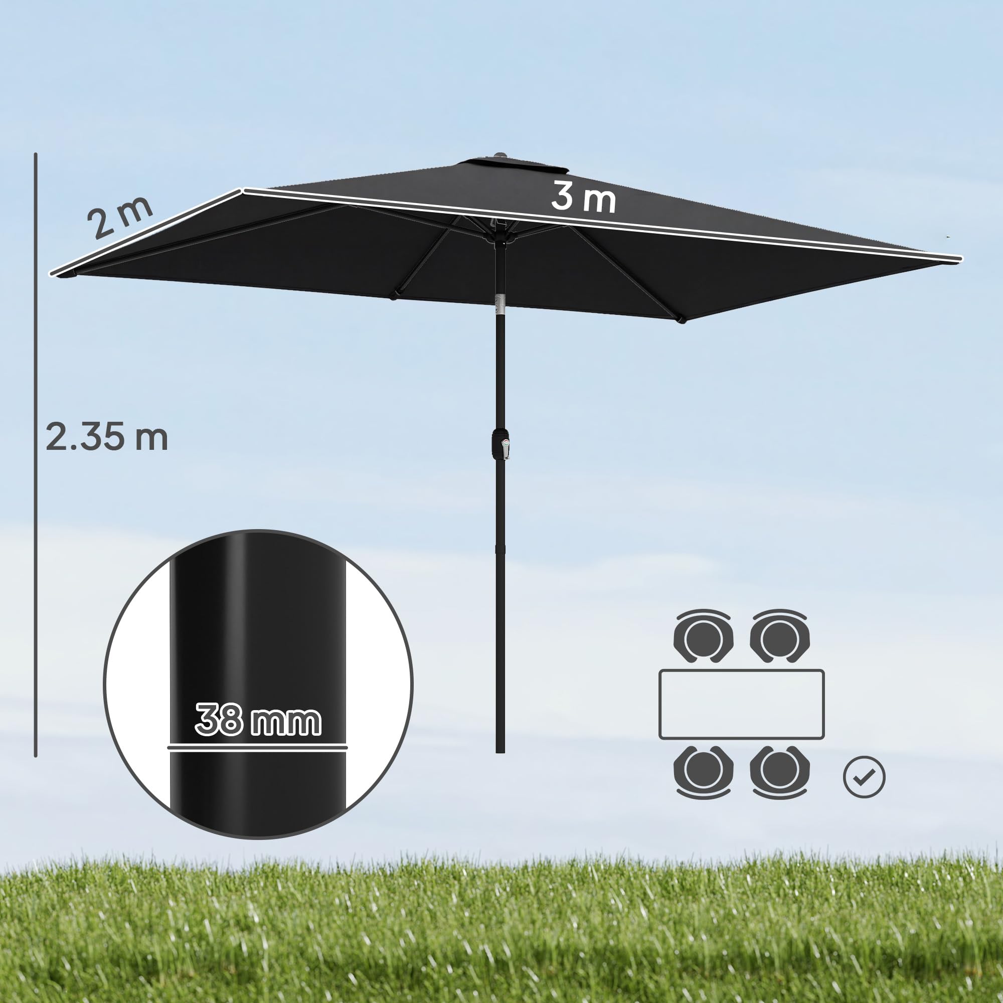 Outsunny 3x2m Garden Parasol, Parasol Umbrella with Crank Handle, Tilt Function, Polyester Canopy, Outdoor Table Umbrella for Patio, Garden — view 7