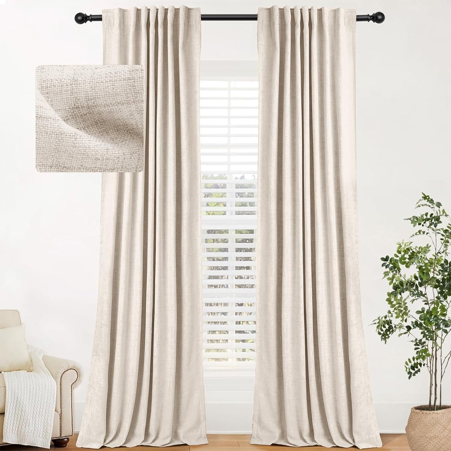 INOVADAY 100% Blackout Curtains for Bedroom, Thermal Black Out Curtains, Back Tab/Rod Pocket Linen Blackout Drapes, Room Darkening Drapes for Living Room, 52''W x 96''L, Buttercream