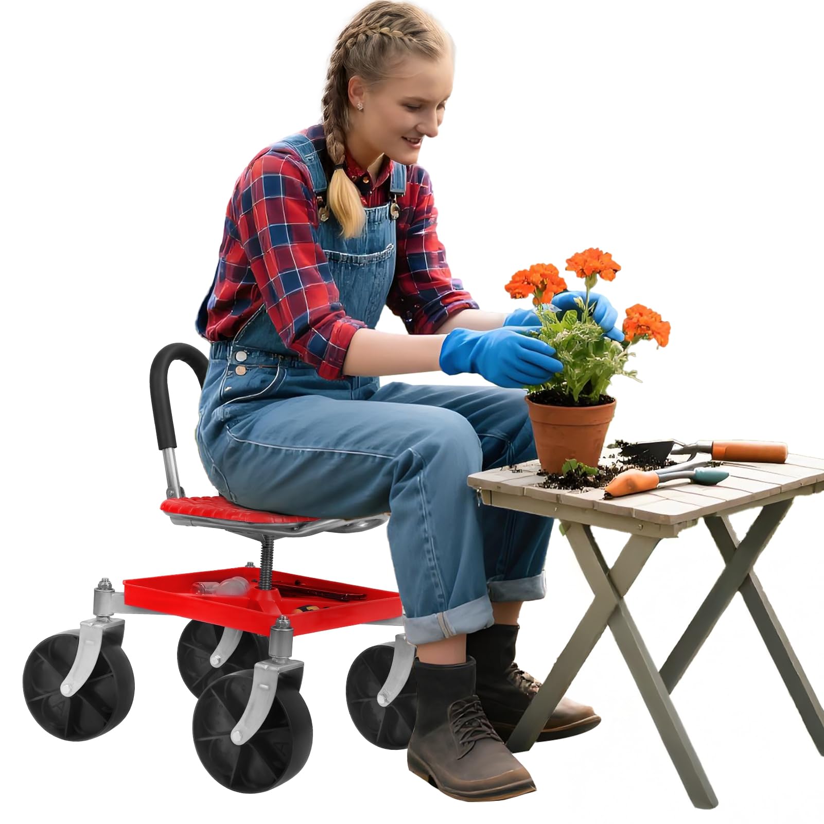 Sgabello da giardino con ruote, regolabile in altezza 51-61 cm, girevole a 360°, portata 150 kg, con ripiano per attrezzi, ideale per anziani, giardinieri e problemi di schiena