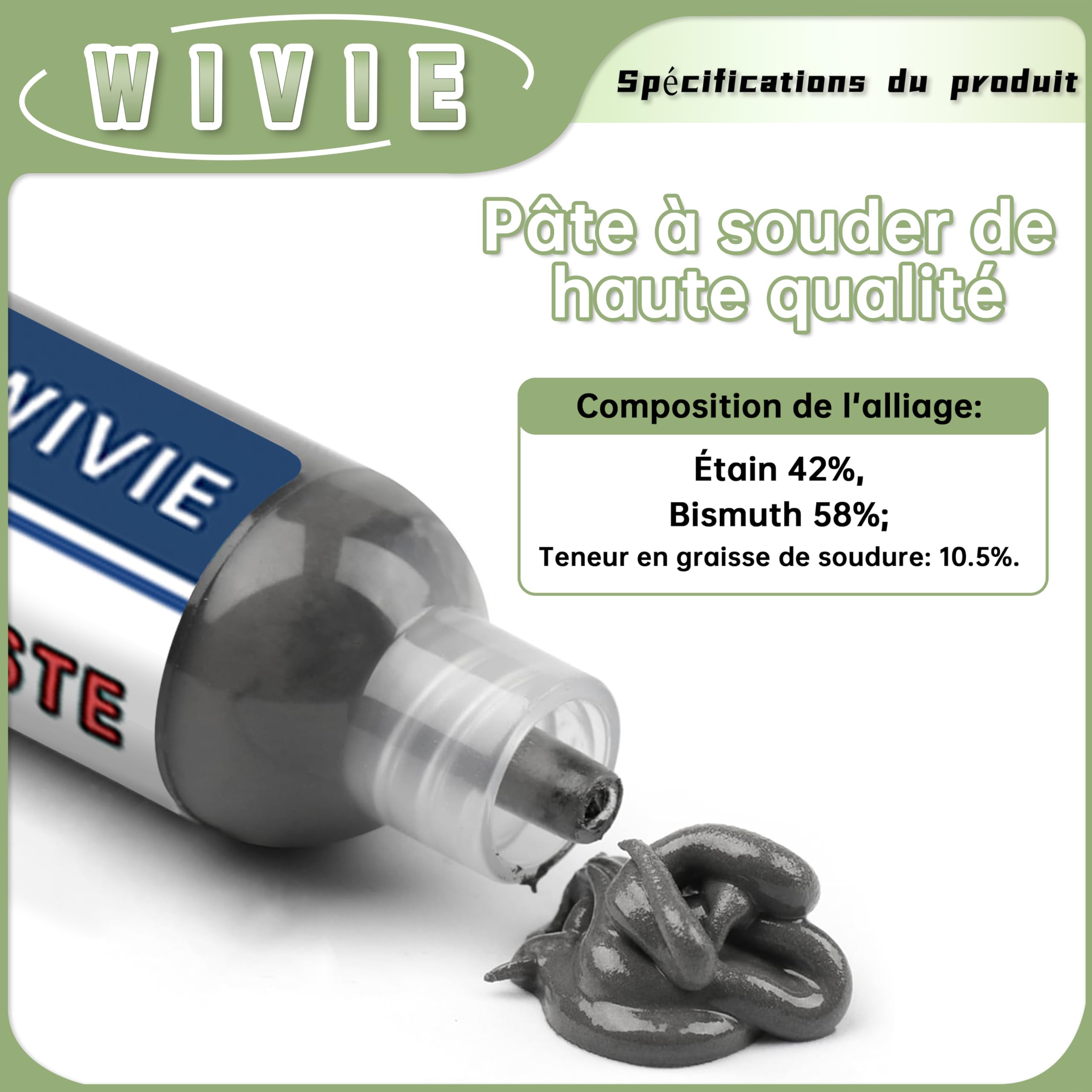 Sn42/Bi58 T4 Pasta saldante senza piombo, nessuna pulizia necessaria, punto di fusione 138 ℃, fornita da WIVIE (40 g)