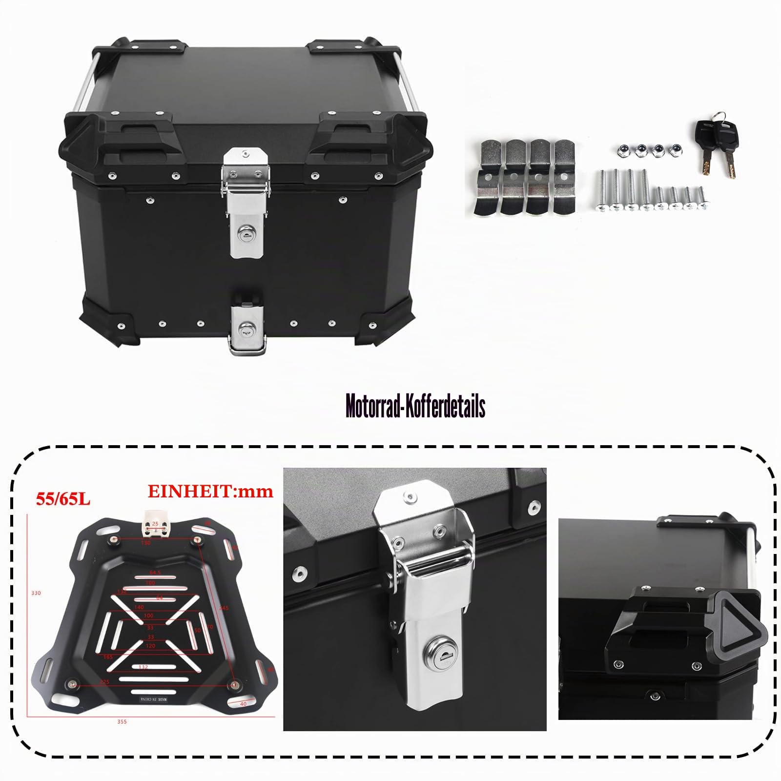 BigKing Motorrad Topcase 45L – Wasserdichter Motorradkoffer mit Schloss & 2 Schlüsseln, Universal Heckbox für Roller & Motorrad, CNC-Aluminium Gepäckbox (Schwarz)