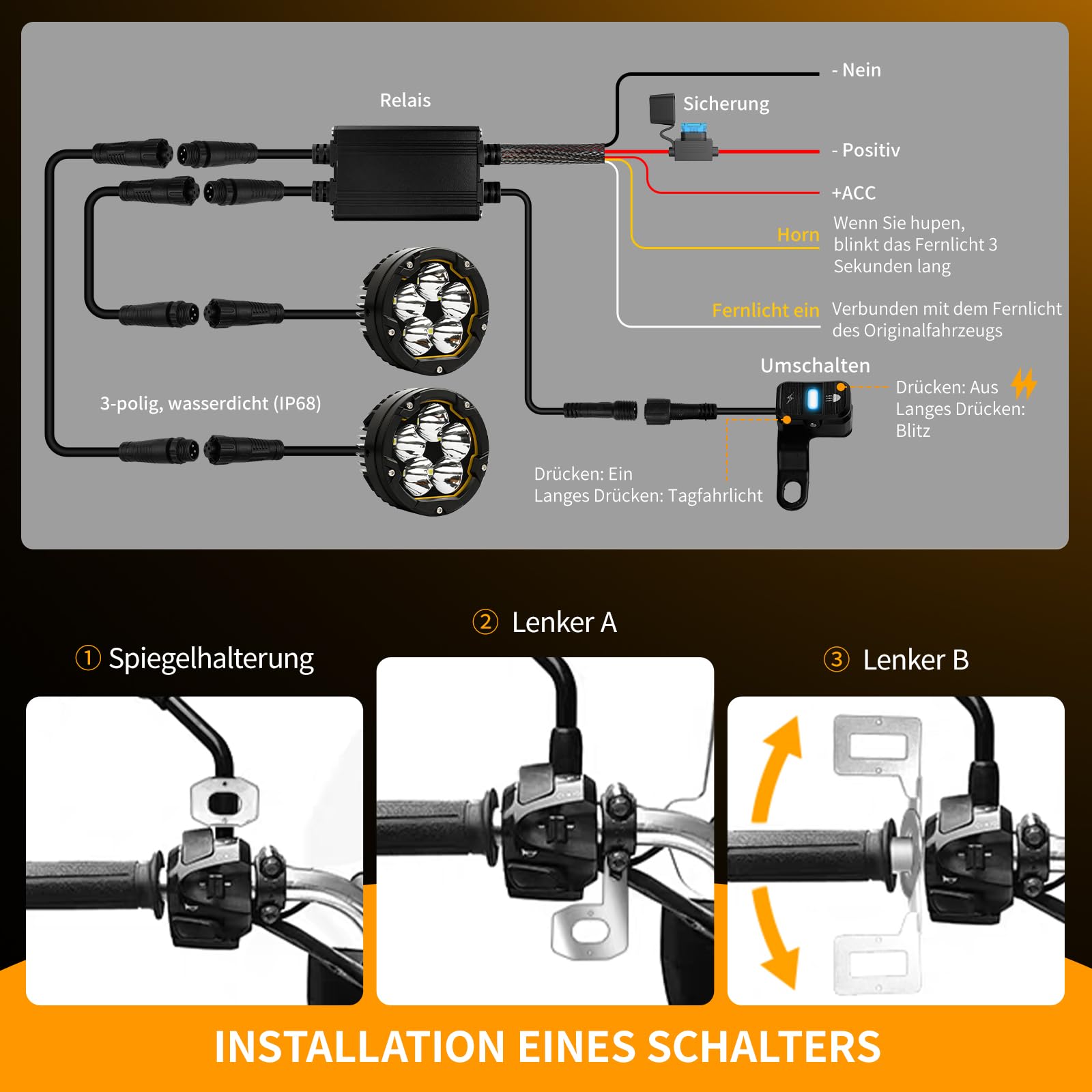 CO LIGHT 4" Motorrad LED Zusatzscheinwerfer, Nebelscheinwerfer, Motorrad LED Scheinwerfer mit DRL, mit Kabelbaum, Flash Modus, 100W 14000LM Ultrahell