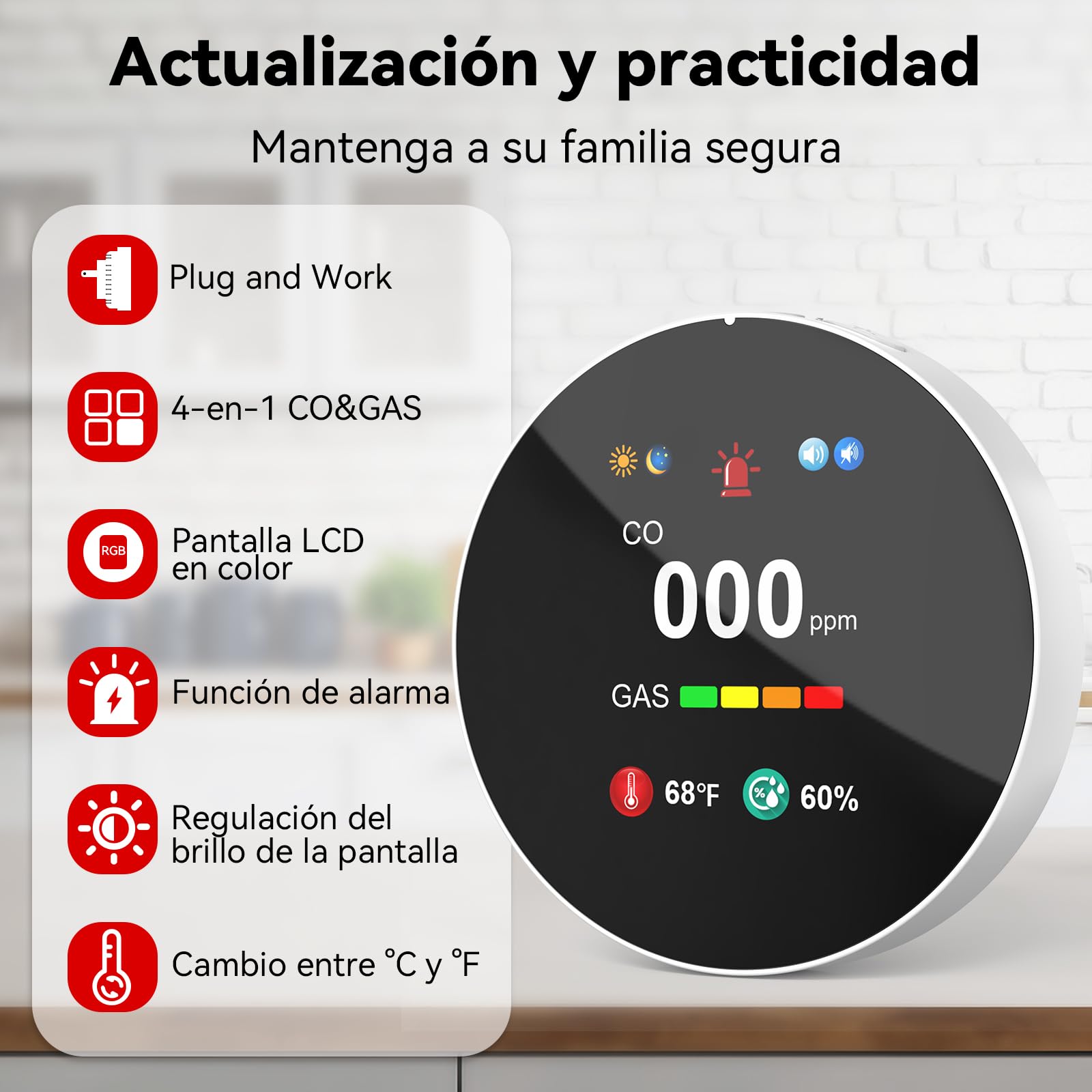 Detector de Monóxido de Carbono y Gas con Enchufe, Combinado Detector de CO 4 en 1 con Sensor de Temperatura y Humedad, Alarma Sonora para Hogar y Caravana, 2 Piezas