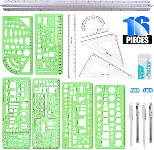 Glarks 16 plantillas de medición, plantillas de encofrado de construcción, reglas de dibujo geométricas y regla triangular de escala de arquitecto