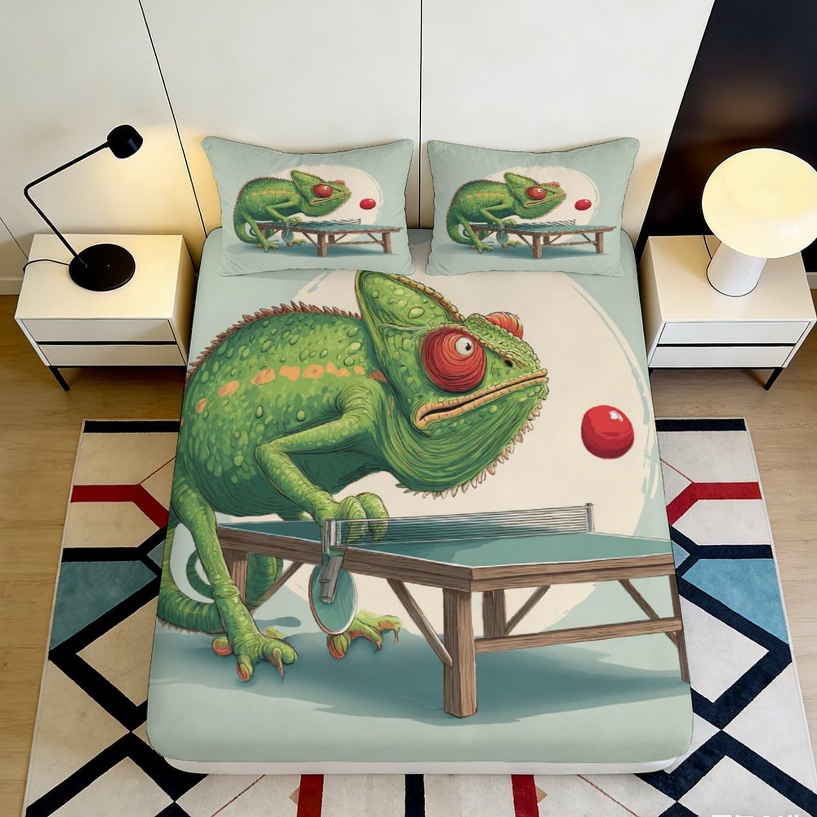 3D Printed Cartoon Chameleon Fitted Sheet Microfiber Soft Durable Green Reptile Print Bed Cover for Bedroom Dormitory Guest Room Mattress Protection 200x200x25cm