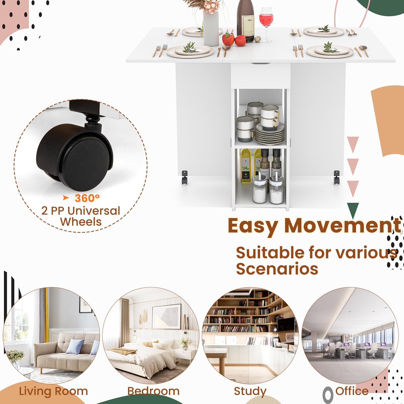 LIFEZEAL Inklapbare eettafel, 3-in-1, 120 x 77 cm, keukentafel voor 4-6 personen, uittrekbare tafel met 2 wielen, 1 lade, 2 planken, voor eetkamer, woonkamer (wit