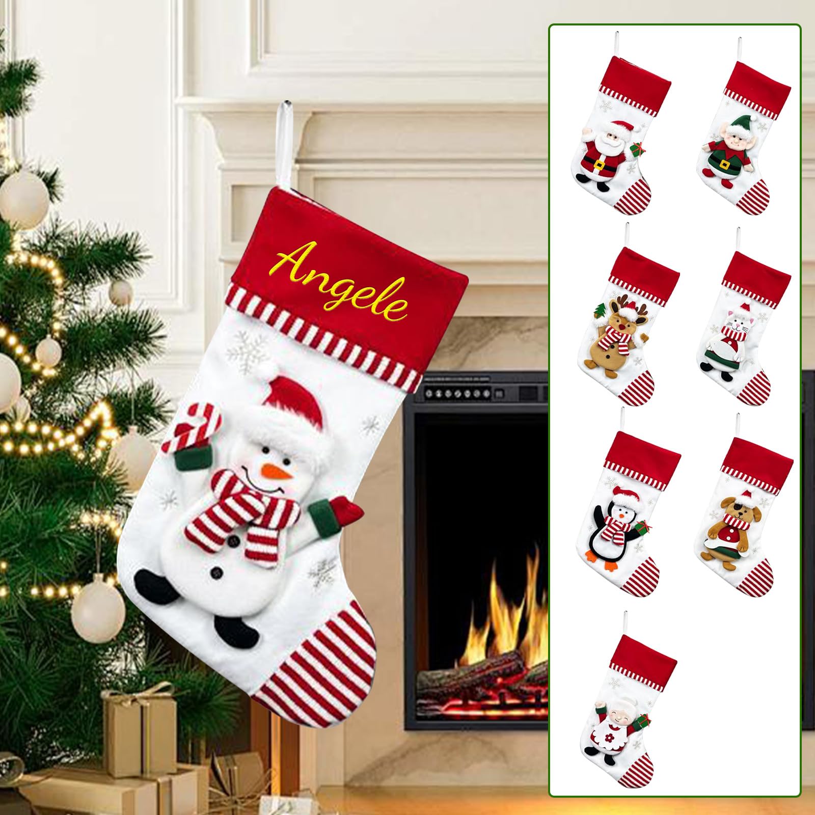 2025Personalized Christmas Stockings, Cotton Embroidered, Santa Snowman Reindeer Penguin Design, Red and White Striped, Custom Name Holiday Decor (snowman, big)