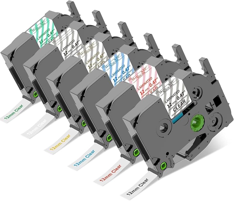 COLORTY Replace for Brother P-Touch Label Maker Tape TZe 12mm 0.47 Clear | TZ Ribbon Laminated Tape Color on Transparent Refills for Ptouch PT-D210 D220 H110 1000 1280 D400 Cube, 1/2" x 26.2', 6 Pack