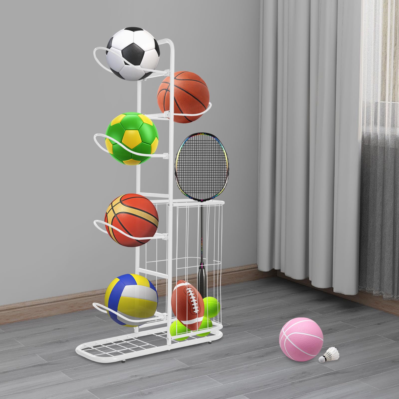Treeisland Estantería de almacenamiento para pelotas de baloncesto, con 5 soportes de bolas y cestas, para fútbol, baloncesto, voleibol, color blanco