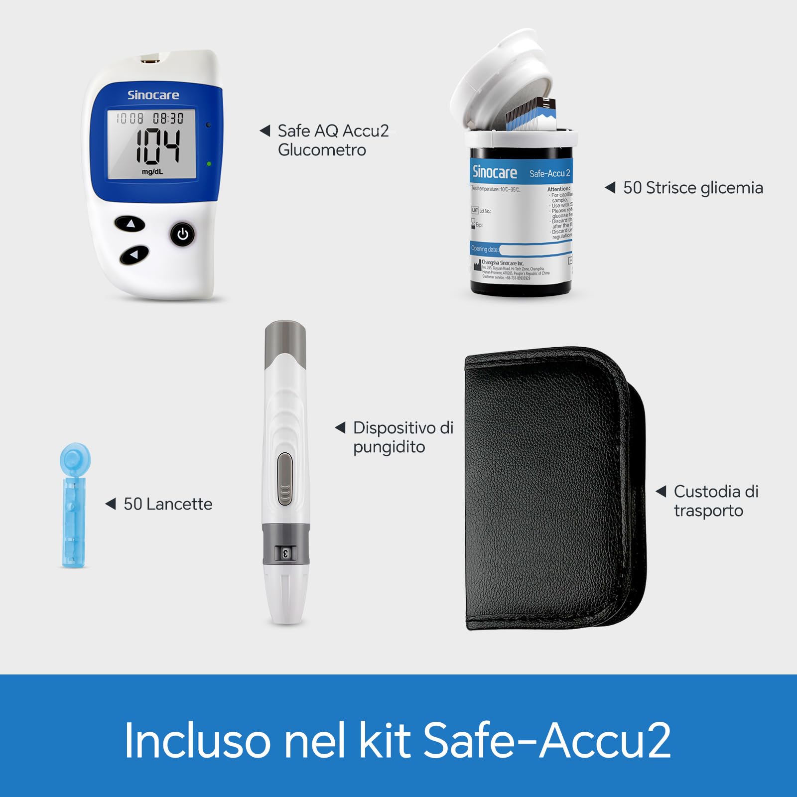 Sinocare Misuratore Glicemia Glucometro, 50 Strisce Reattive e 50 Lancette Facile da Maneggiare, Adatto per il Diabete di Tipo 1&2 e Diabete Gestazionale, Monitoraggio Quotidiano della Glicemia
