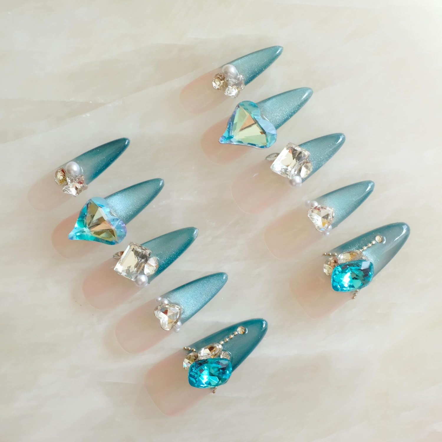 Luxury Long Stiletto Press-On Nails, Turquoise Blue Stiletto with 3D Crystals and Pearls, Handmade False Nail 10 Pieces (Medium, LS)