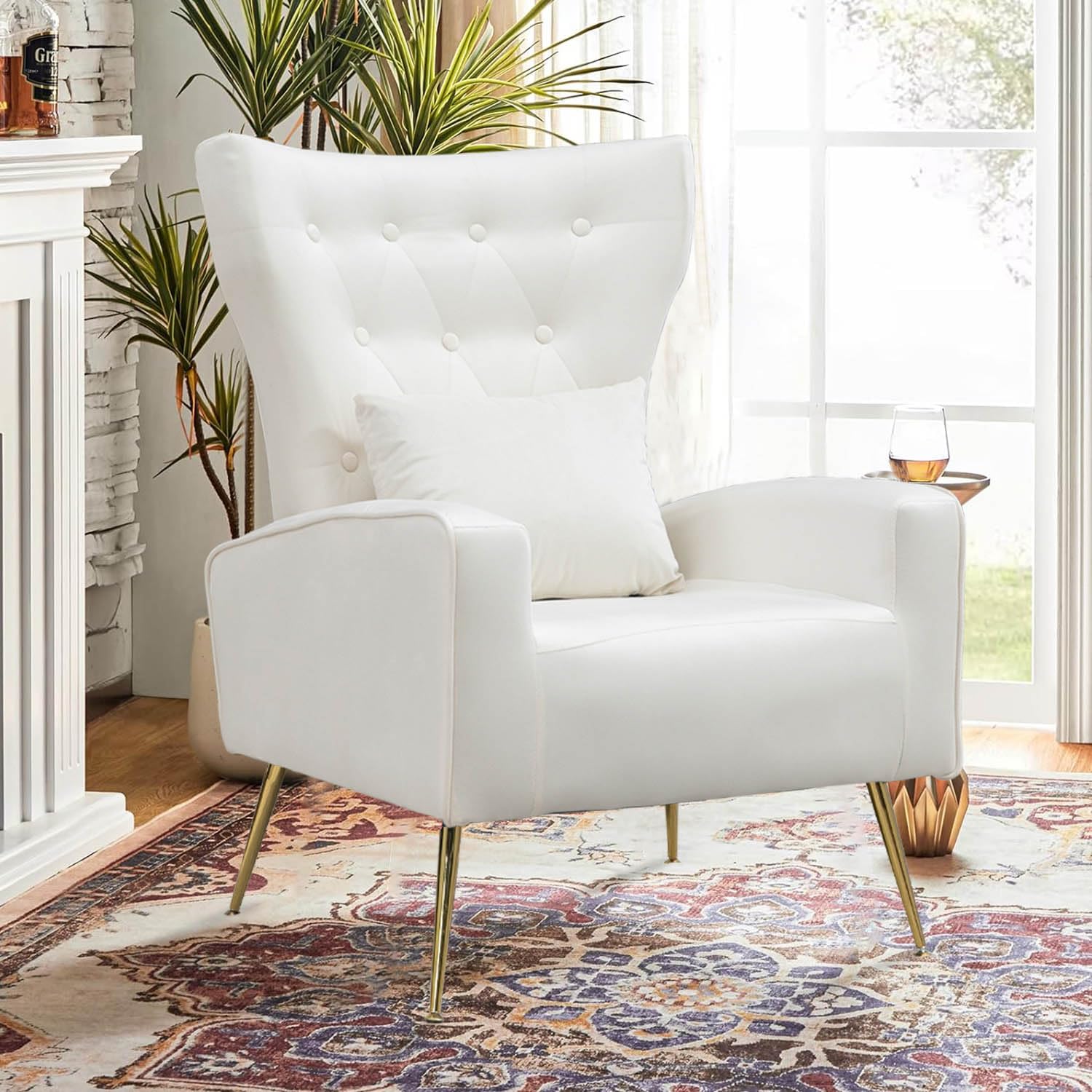 WQSLHX Velvet Accent Chair, Mid-Century Arm Chair with High Wingback & Button-Tufted, Living Room Bedroom Armchair with Gold Metal Legs, Lumbar Pillow