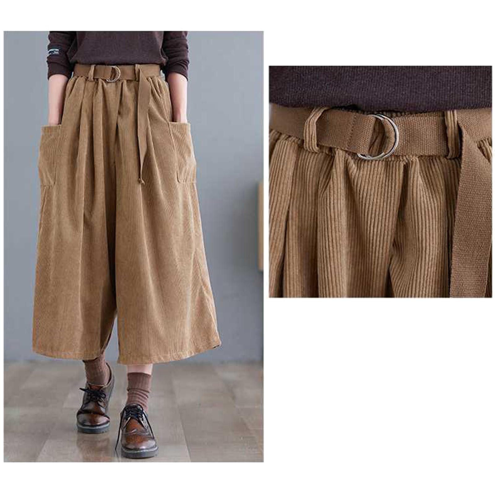 Pantalon Large Taille Haute élastique pour Femme, Pantalon Ample en Velours côtelé avec Ceinture pour l'automne et l'hiver