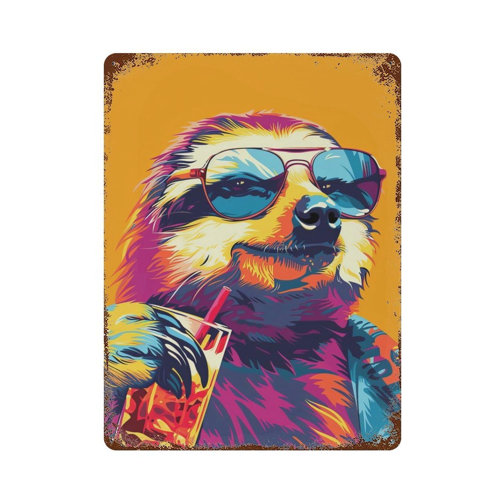 Rust Effect Sloth Drinking Alcohol Aged Metal Wall Plaque 15.7"x11.8", Rustic Home Decor for Bistro, Counter And Cafe Decor