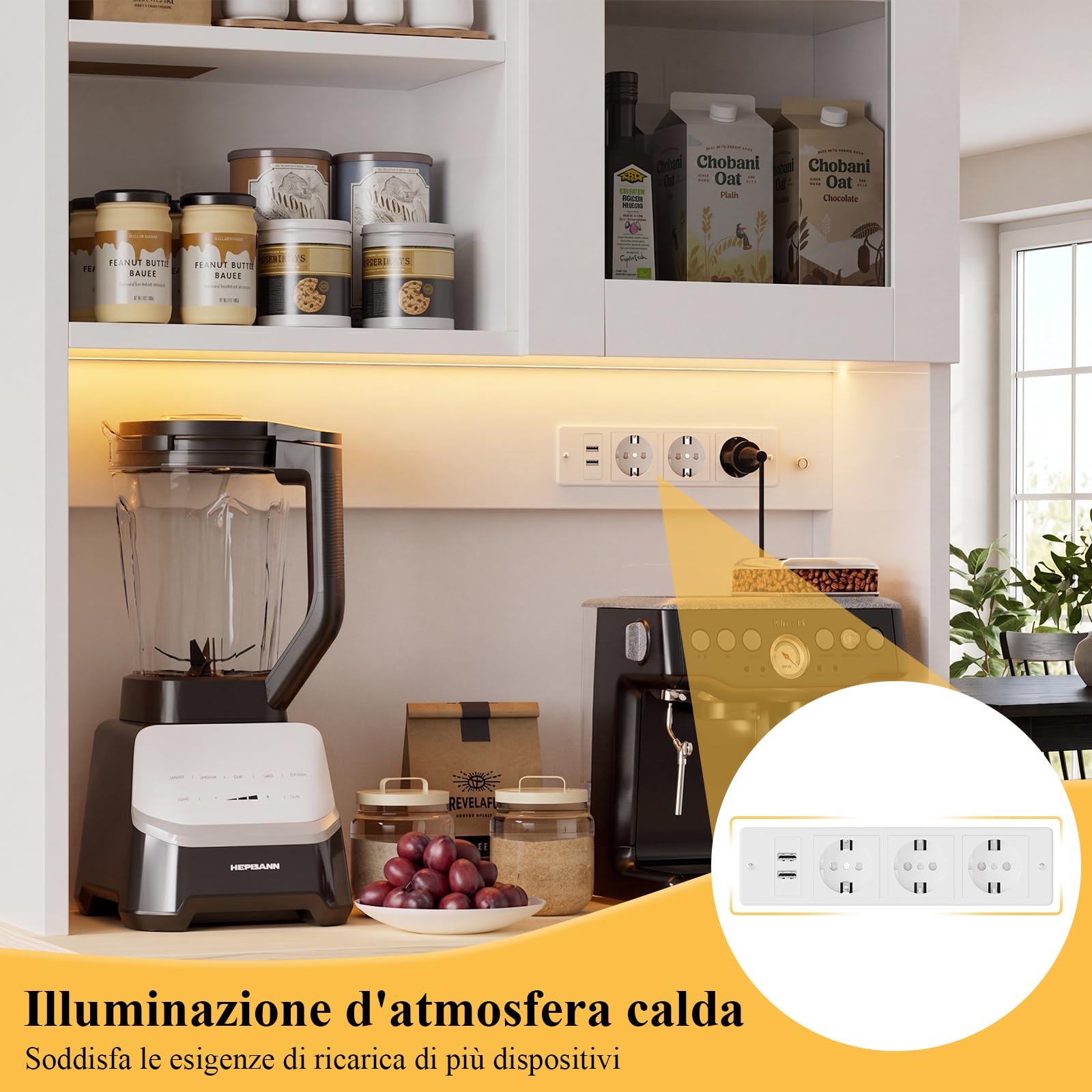 Devoko Mobile da cucina con piano di lavoro e presa elettrica, Credenza buffet LED con chiusura ammortizzata, Dispensa altezza regolabile con pannello posteriore rinforzato (Bianco)